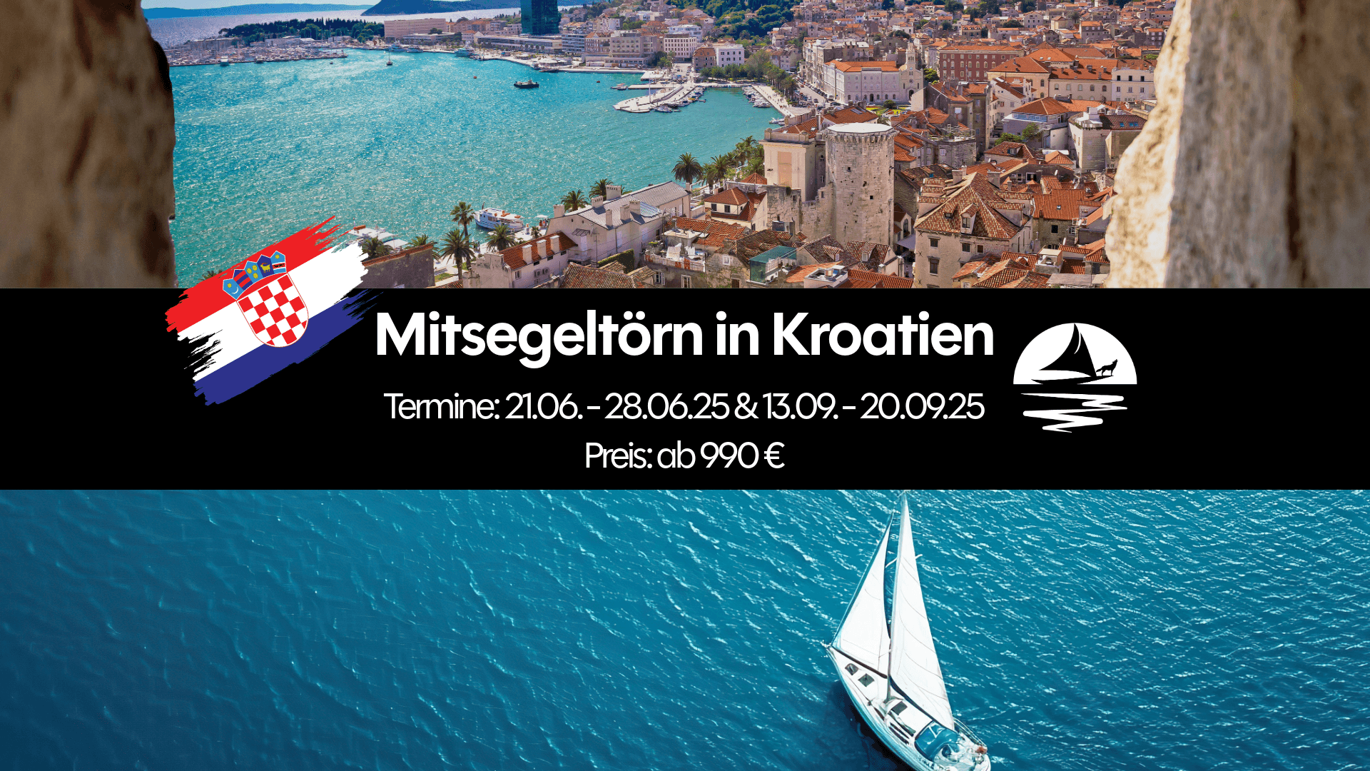 Segelboot vor den historischen Küstenstädten Dalmatiens – Mitsegeln Kroatien mit Blick auf mediterrane Architektur
