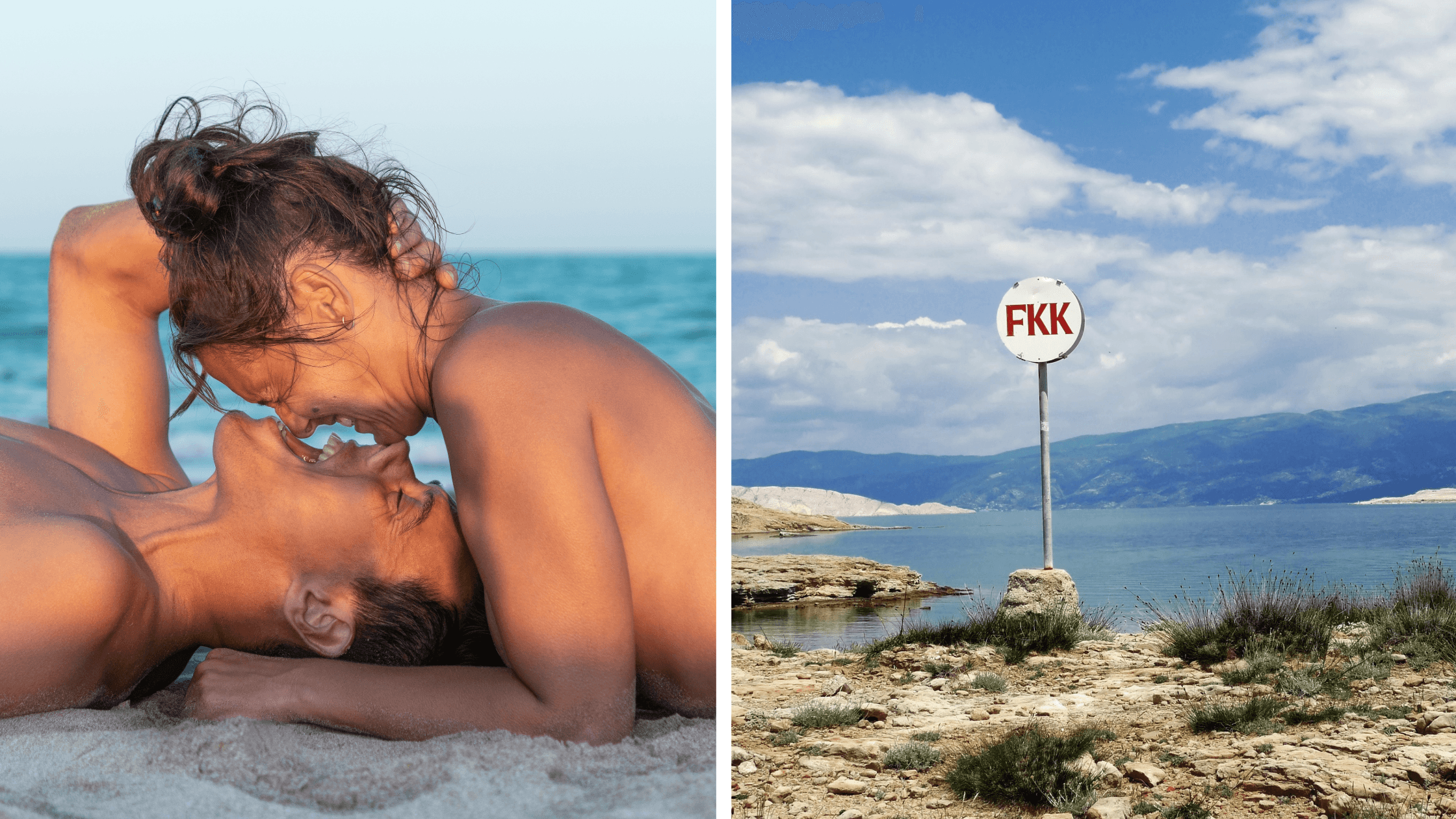 Ein verliebtes Paar genießt den Sonnenuntergang am Strand, während ein FKK-Hinweisschild auf die Freiheit des textilfreien Badens hinweist. Perfekte Kulisse für FKK-Segeln in Kroatien.