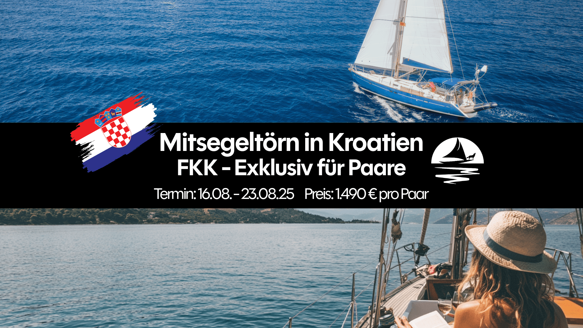 Segelboot unter Segeln vor der Küste Kroatiens – FKK Mitsegeln Kroatien mit entspannter Lesepause an Deck