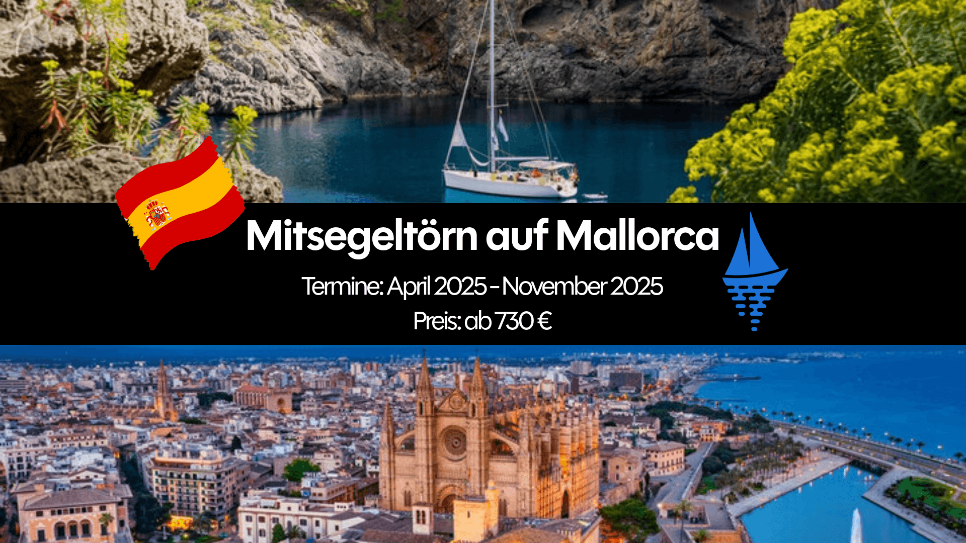 Segelboot vor Anker in türkisfarbener Badebucht mit Blick auf Palma – Mitsegeln Mallorca genießen