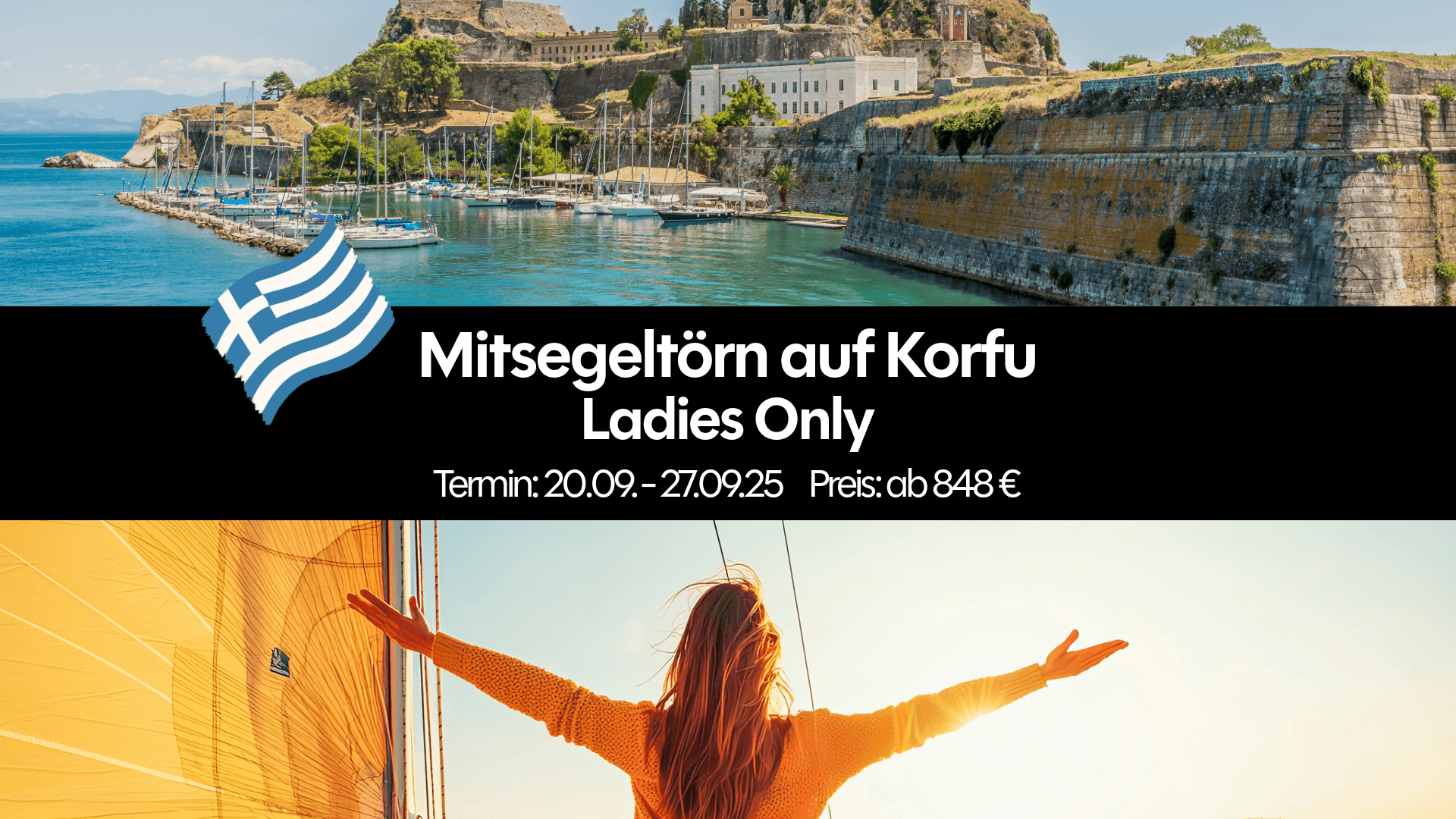 Blick vom Segelboot auf die Burg von Korfu – Mitsegeln für Frauen in Griechenland als Ausdruck von Freiheit