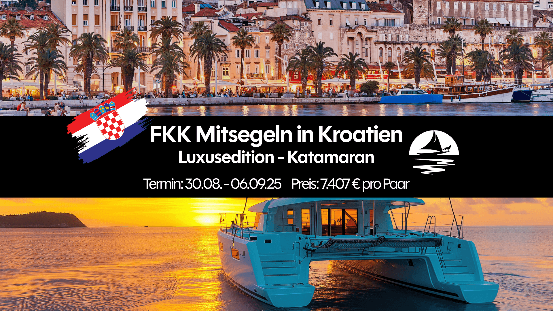 Kopfsprung vom Bug einer luxuriösen Segelyacht ins Meer vor Trogir – FKK Segeln Kroatien auf einem exklusiven Katamaran