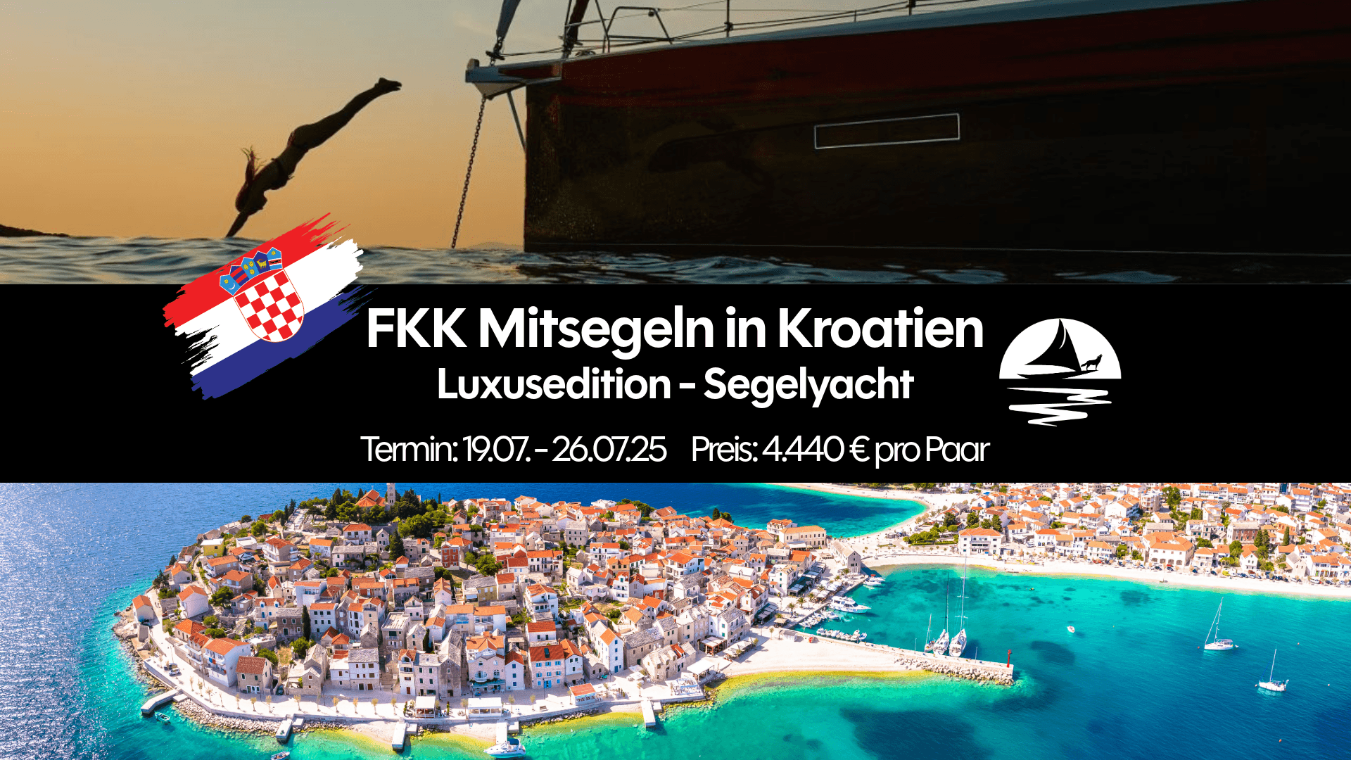 Kopfsprung vom Bug einer Segelyacht ins kristallklare Meer vor Primošten – FKK Segeln Kroatien