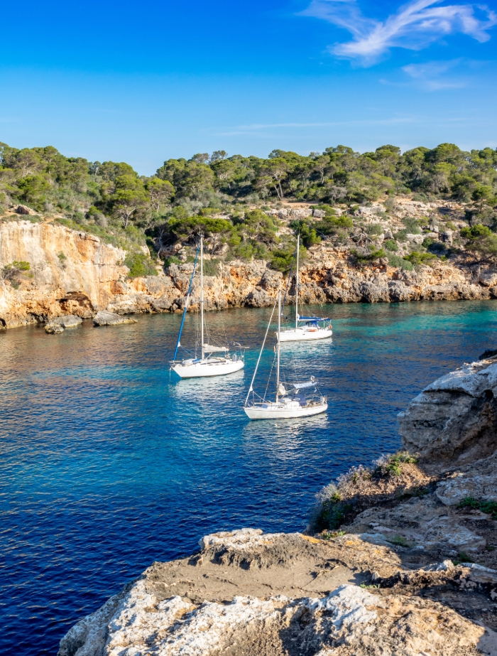 Drei Segelyachten vor Anker in einer felsigen Bucht mit Pinienbewuchs auf Mallorca – idealer Spot für Yachtcharter mit BlackSails-Yachting.