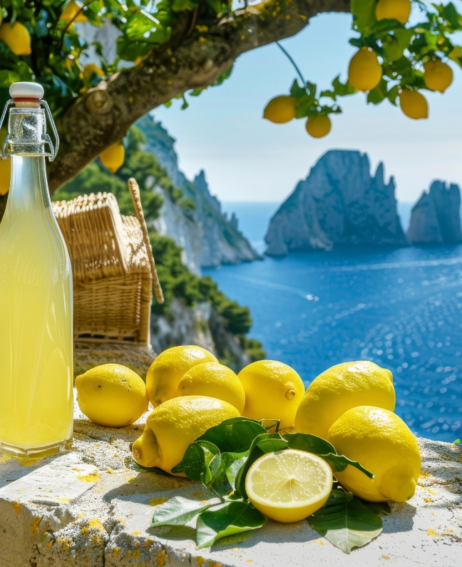 Limoncello, frische Zitronen und Blick auf die Faraglioni-Felsen auf Capri – Symbolbild für Yachtcharter mit BlackSails-Yachting und Segelreisen an der Amalfiküste