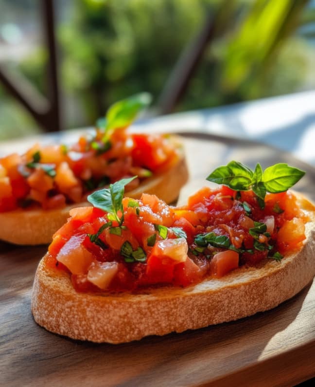 Bruschetta mit frischen Tomaten und Basilikum bei Sonnenlicht – italienisches Lebensgefühl beim Yachtcharter an der Amalfiküste mit BlackSails-Yachting