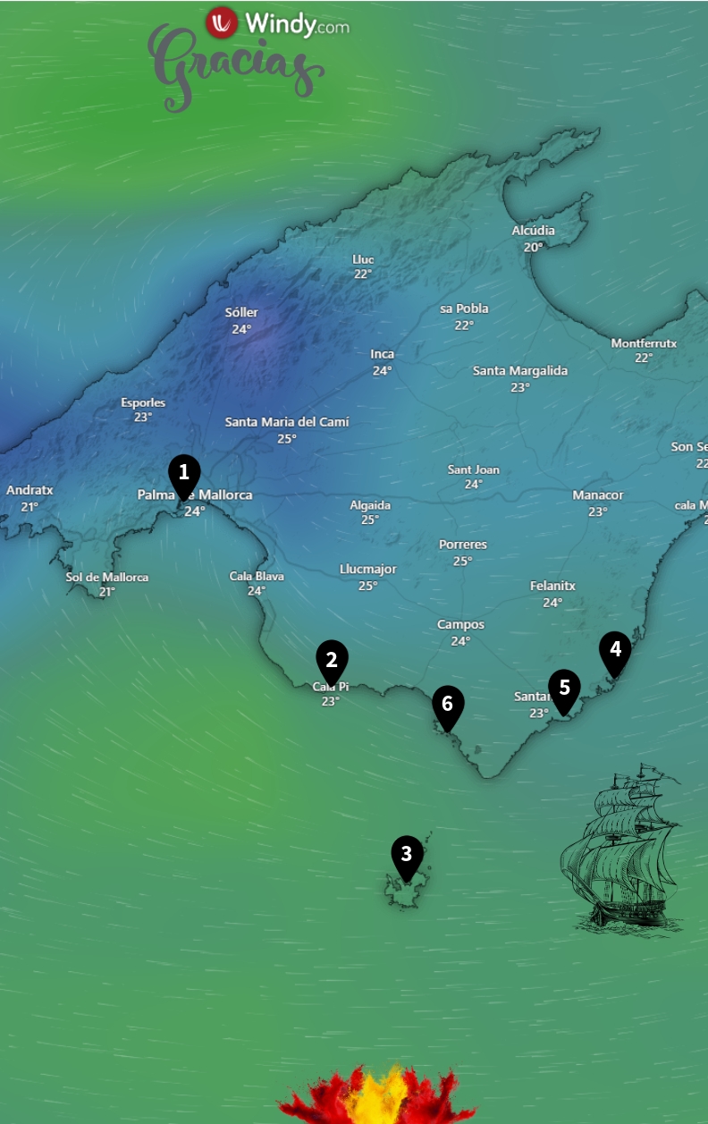 Wetterkarte von Süd-Mallorca mit eingezeichneter Segelroute: Start in Palma de Mallorca, Stationen in Cala Pi, Cabrera, Cala d’Or, Cala Figuera und Colònia de Sant Jordi. Ideal für Yachtcharter mit BlackSails-Yachting.