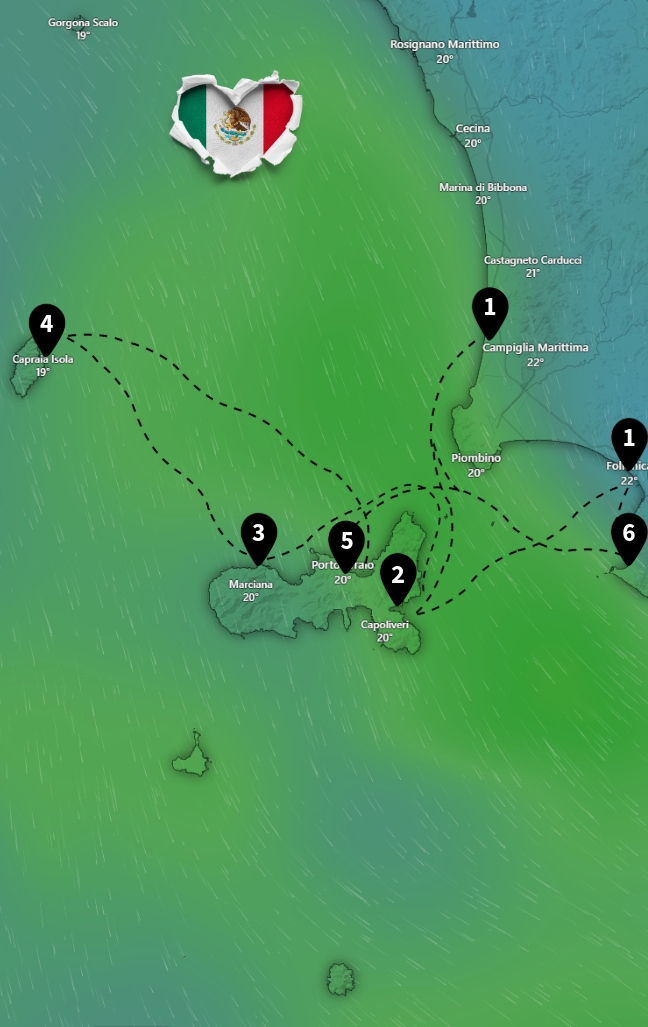 Karte mit Segelroute für 7-tägige Yachtcharter mit BlackSails-Yachting rund um Elba, Capraia und die toskanische Küste