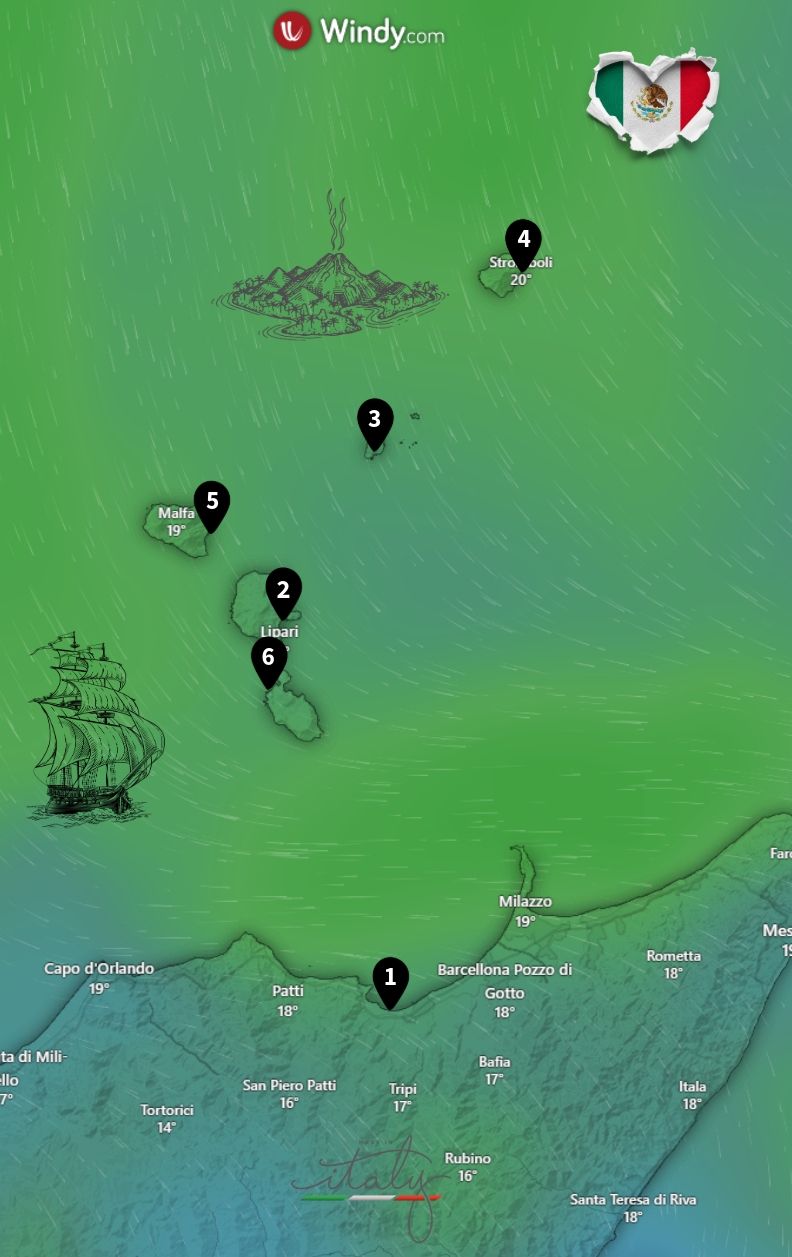 Karte der Segelroute durch die Äolischen Inseln mit BlackSails-Yachting – Yachtcharter ab Portorosa über Lipari, Panarea, Stromboli, Salina und Vulcano
