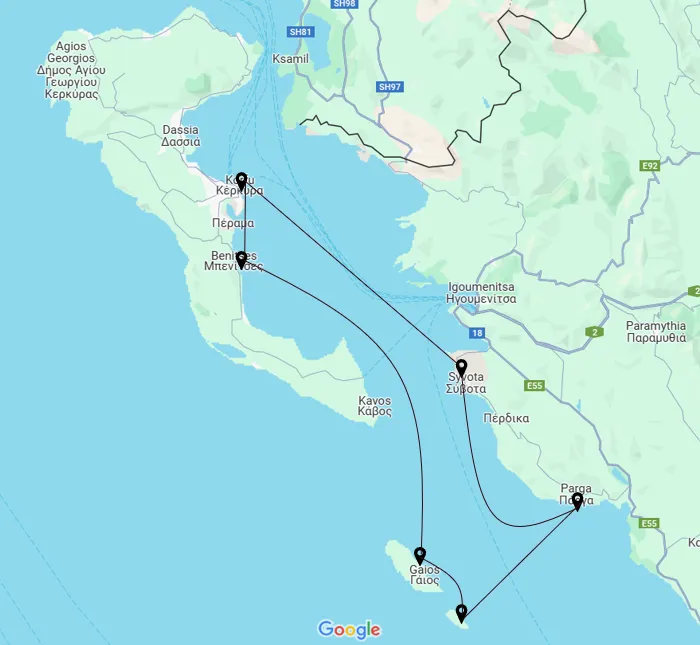 Griechenland Segeln und Ionisches Meer Segeln. Diese Route eignet sich hervorragend für einen Wochentörn ab der Marina Benitses auf Korfu. 