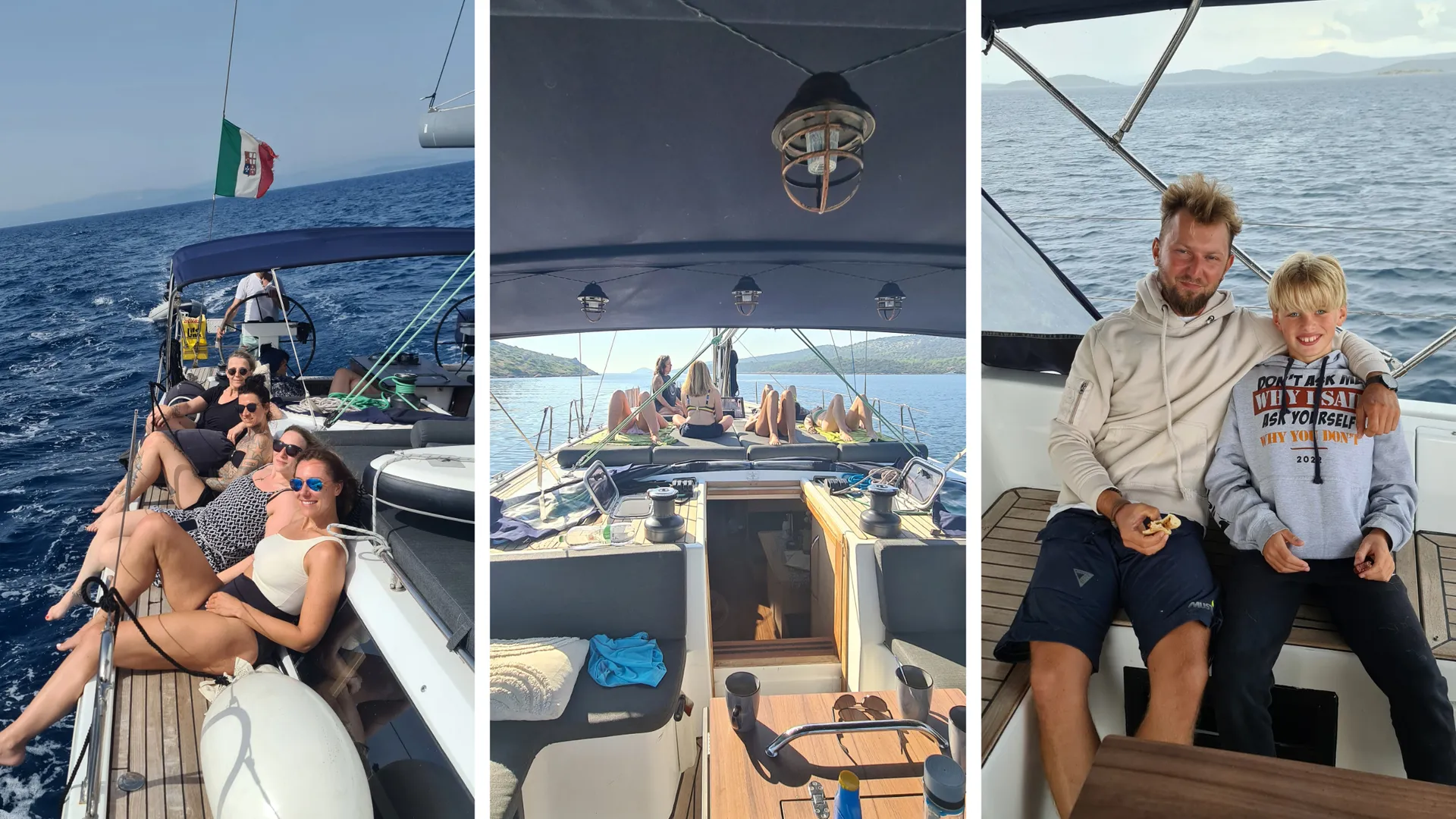 Gäste entspannen an Bord einer Segelyacht, genießen die Sonne und das Meer, während Kinder und Skipper den Moment teilen.