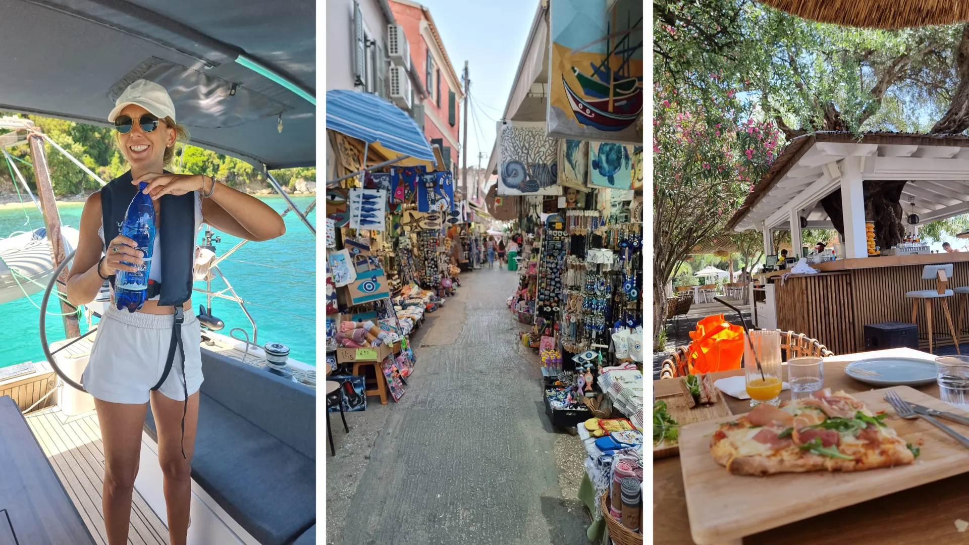 Laura bereitet sich auf Schwerwettersegeln vor, eine Gasse in Gaios auf Paxos und ein Beachclub auf Korfu.