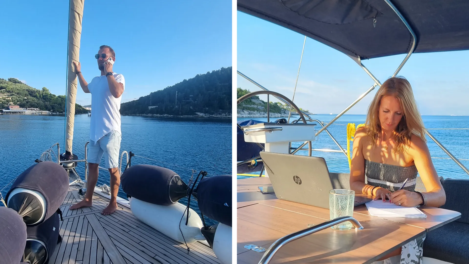 Daniel berät einen Kunden am Telefon über sichere Ankerplätze in Kroatien. Laura organisiert Transfers für eine Familie, die einen Katamaran auf Sardinien gechartert hat.