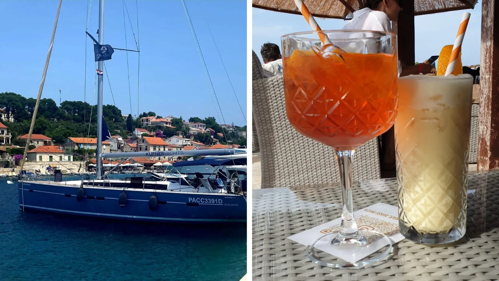 Wir mit unserer 54-Fuß Segelyacht im Hafen von Maslinica auf der Insel Solta. Ein authentischer Hafen und super Ausgangspunkt für tolle Unternehmung wie wandern, shoppen und Cocktails schlürfen. 