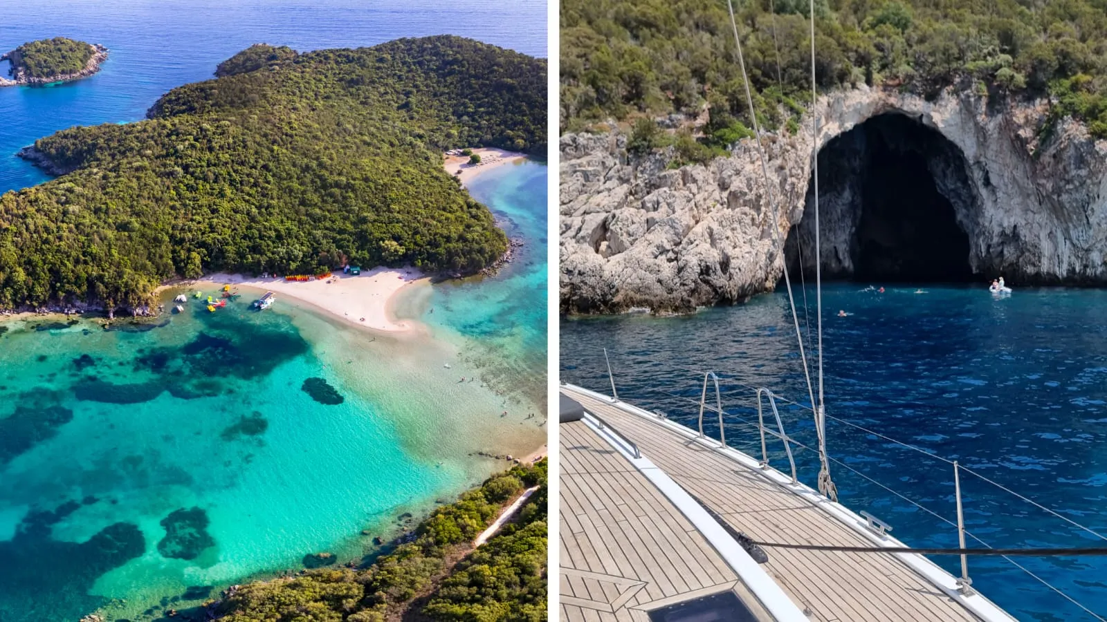 Die Blue Lagoon von Syvota von oben. Es gibt auf beiden Seiten Möglichkeiten zu ankern. Auch mit Landleinen kann man sich hier hervorragend einrichten. Rechts ein Blick vom Boot in die nahegelegene Höhle. Ein Besuch lohnt sich. 