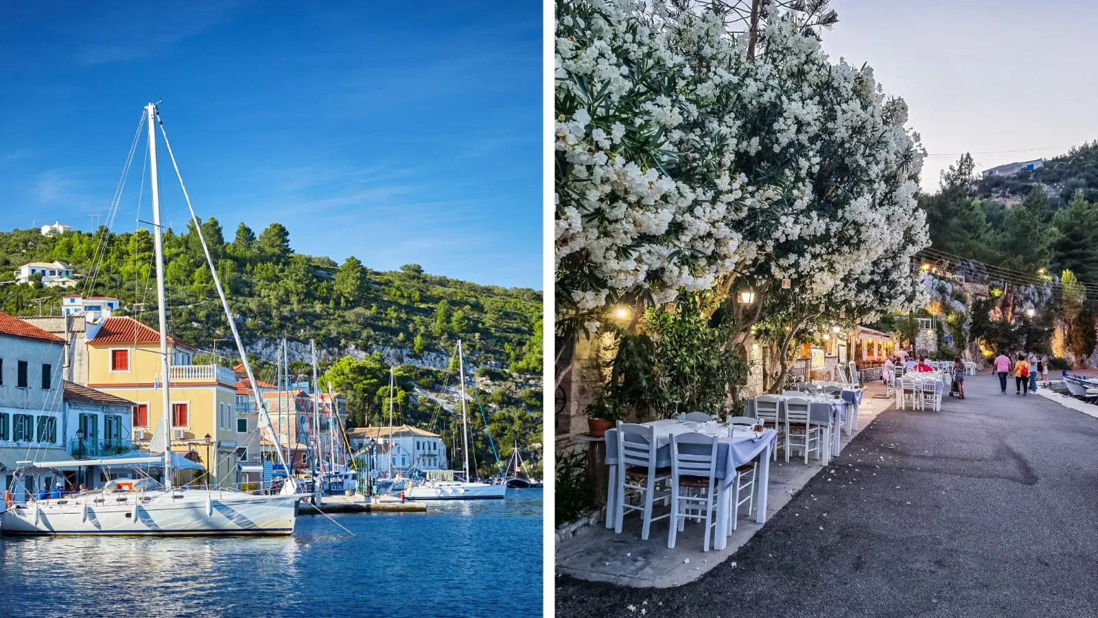 Der wunderschöne Naturhafen von Gaios auf Paxos ist ein absolutes Highlight rund um Korfu. Ein Blick auf das Restaurant von Elena mit dem besten Gyros der Insel. Ionisches Meer, was für ein Traum. 