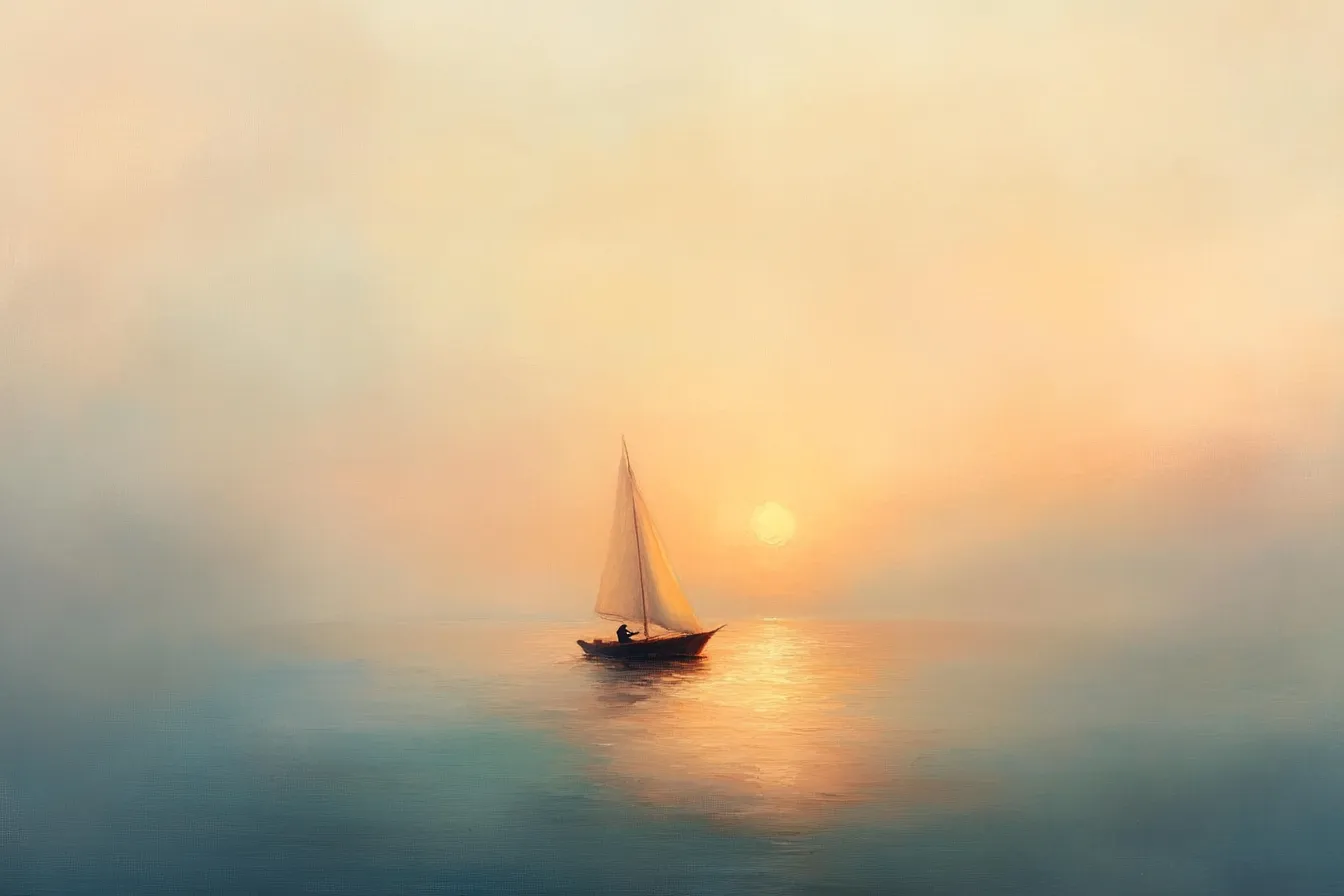 Surreales Gemälde im künstlerischen Stil von Ludovico Einaudi – eine verträumte Landschaft aus Musik und Natur, inspiriert von „The Summer Portraits“
