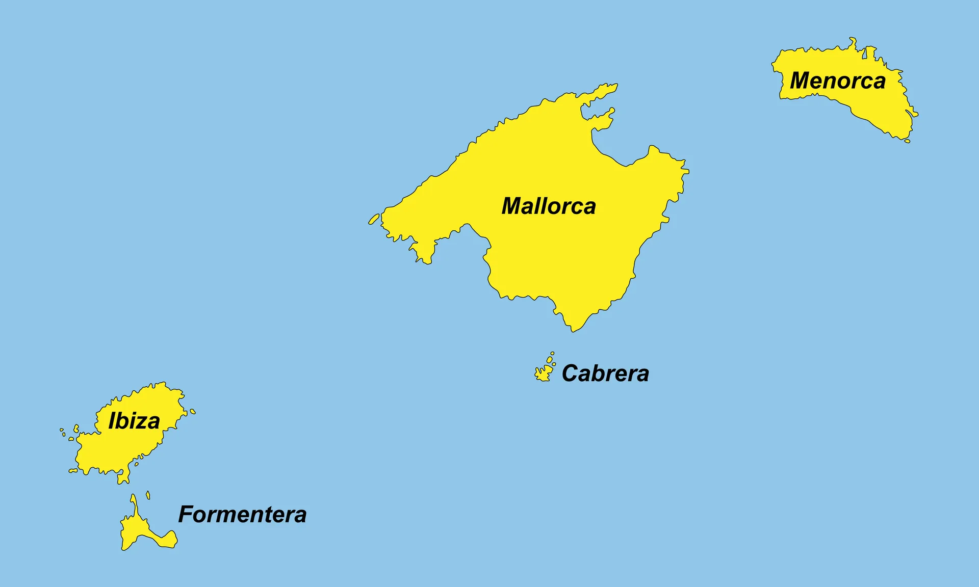 Karte der Balearischen Inseln (Mallorca, Menorca, Ibiza, Formentera, Cabrera) im Mittelmeer – beliebtes Ziel für exklusive Bootscharter und Segelreisen.