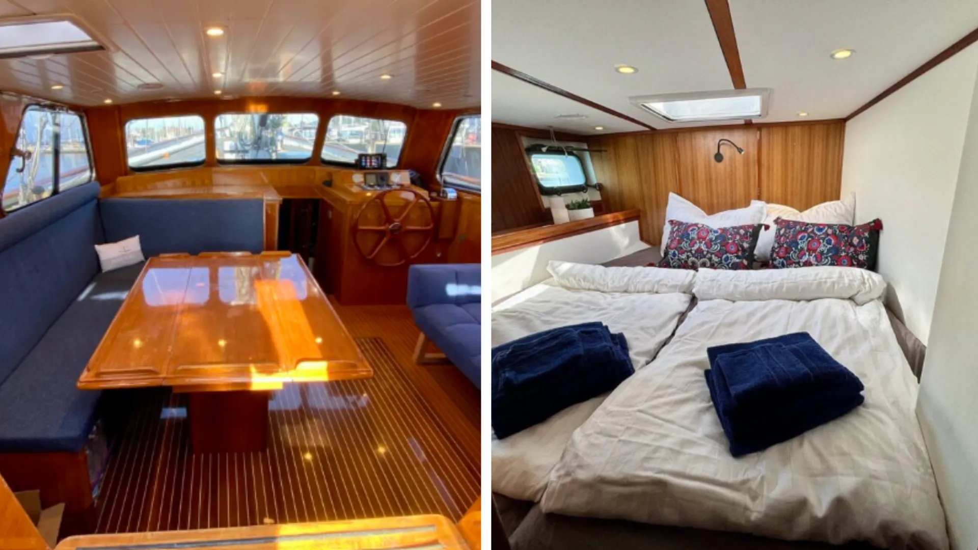 Links der gemütliche Decksalon der Segelyacht Maia, in dem der Segeltörn in Schottland stattfindet, rechts die komfortable Kabine für erholsame Nächte an Bord.