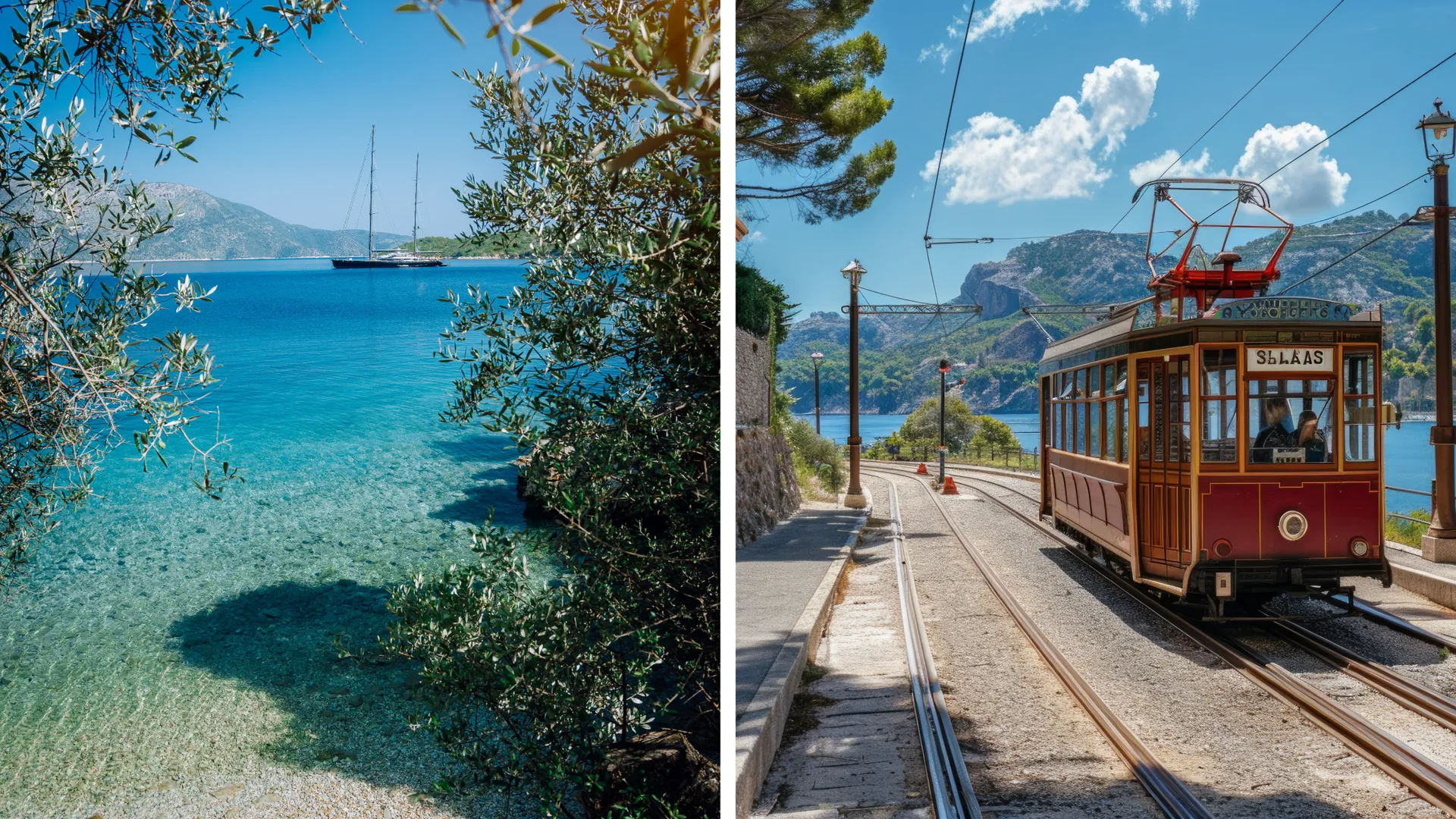 Eine malerische Bucht auf Mallorca mit türkisblauem Wasser, begleitet von einer historischen Straßenbahn, die entlang der Küste fährt – eine perfekte Kombination aus Natur und Nostalgie.