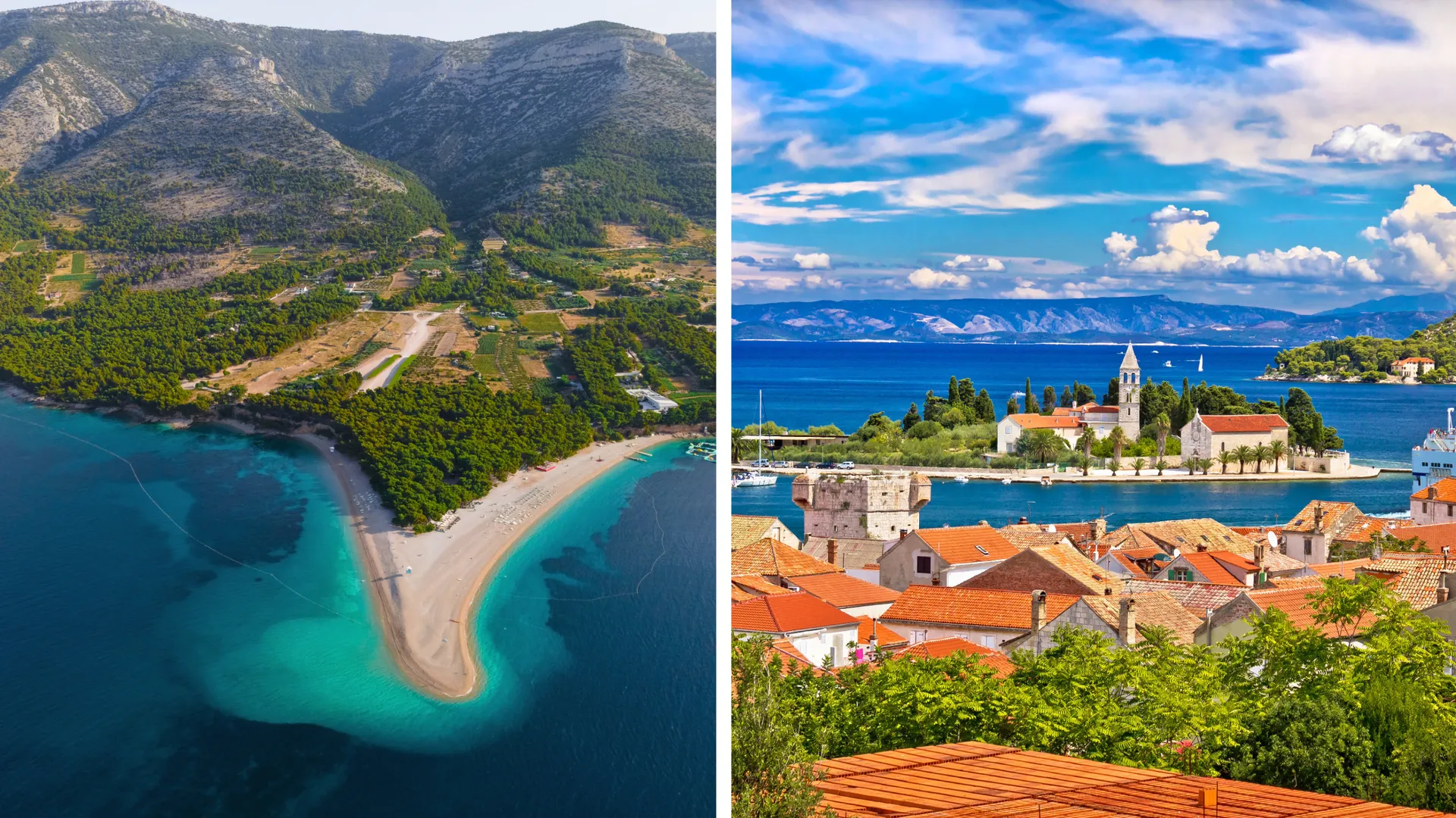 Links die beeindruckende Küste der Insel Brač, rechts der Blick auf die idyllische Bucht der Insel Vis – zwei Traumziele für FKK-Segeln in Kroatien mit kristallklarem Wasser und einsamen Ankerbuchten.
