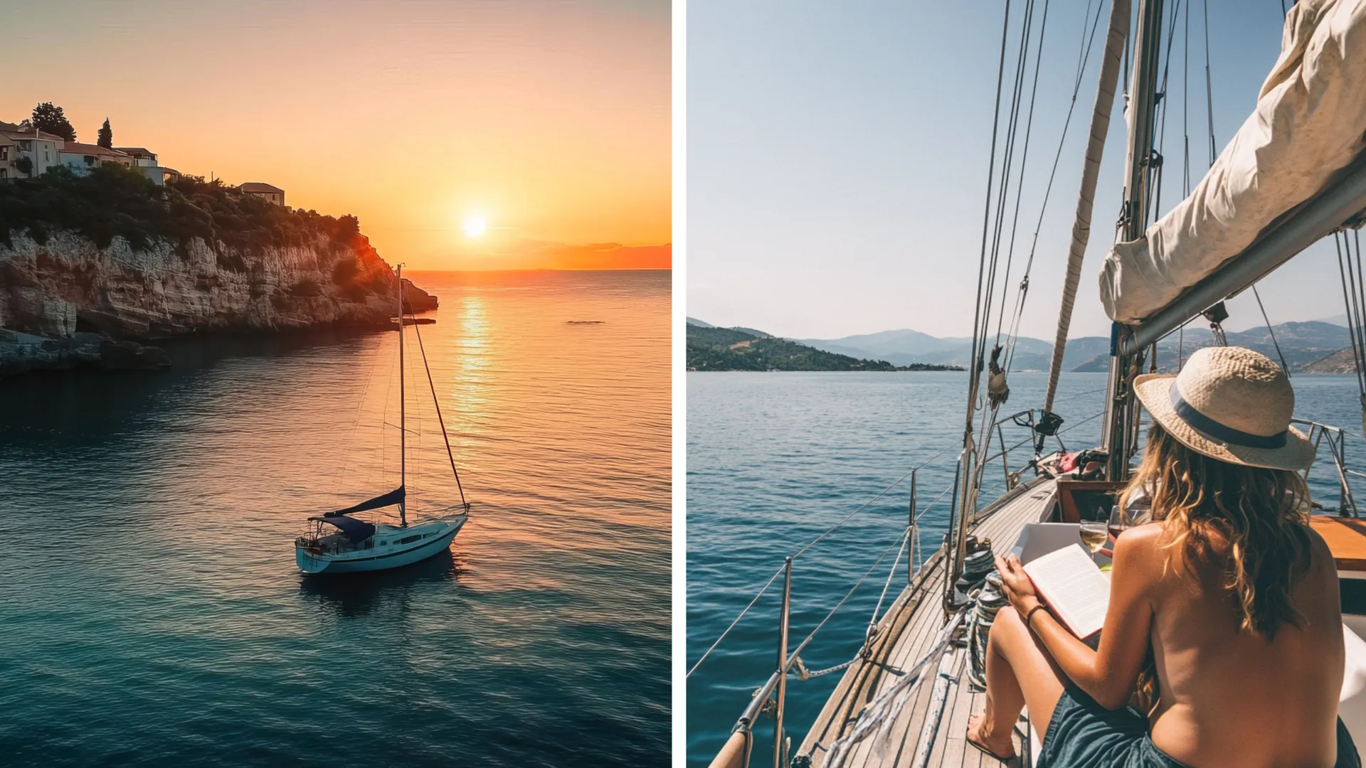 Ein Segelboot ankert in einer ruhigen Bucht bei Sonnenuntergang, während eine Frau oben ohne entspannt an Deck liest – pure Freiheit und Entspannung beim FKK-Segeln in Kroatien.