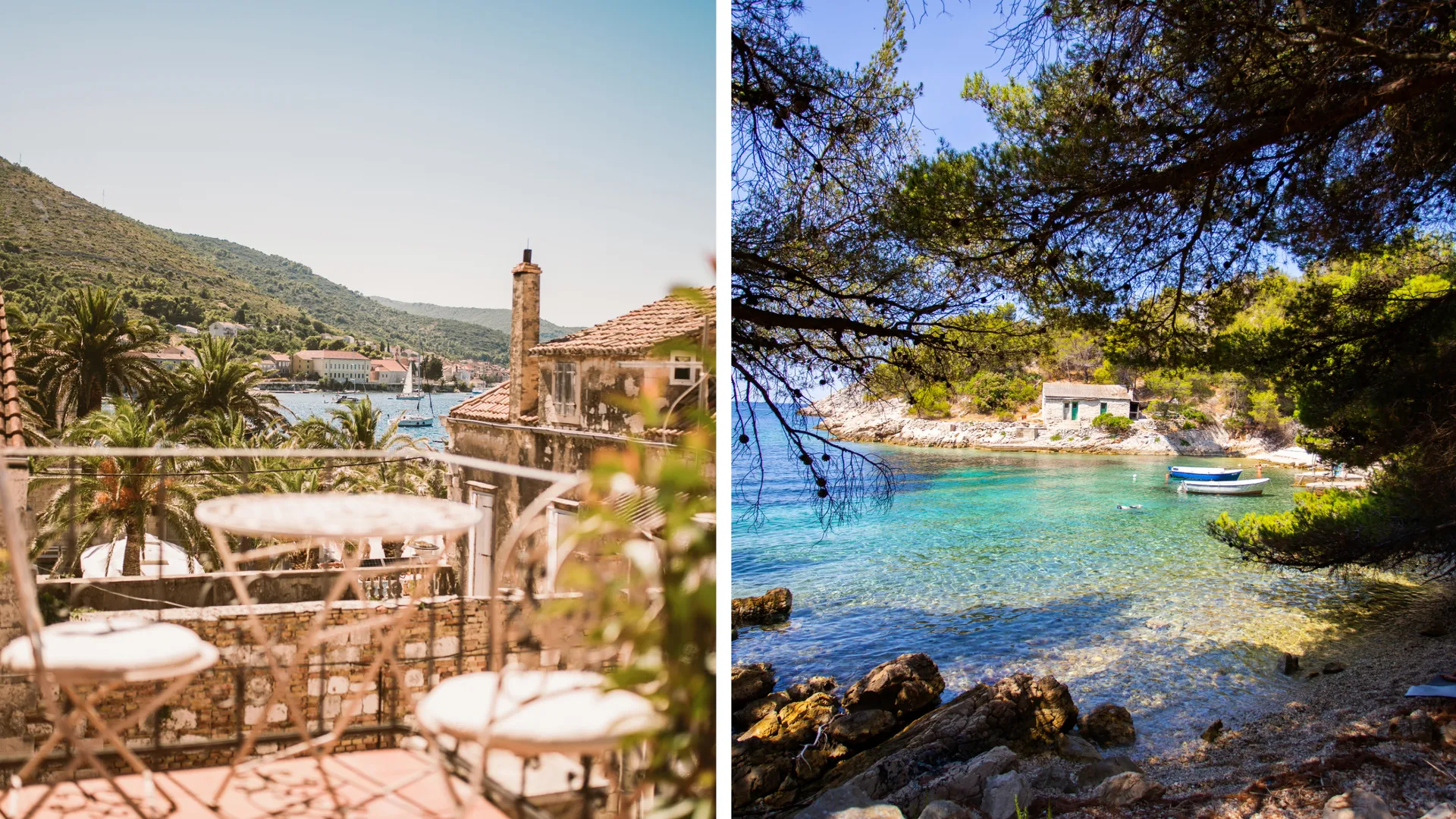 Links: Malerischer Blick von einem Café auf die Bucht der Insel Vis, Kroatien. Rechts: Eine idyllische Badebucht auf der Insel Šolta – perfekte Orte für einen Segeltörn oder eine Segelreise in Kroatien.