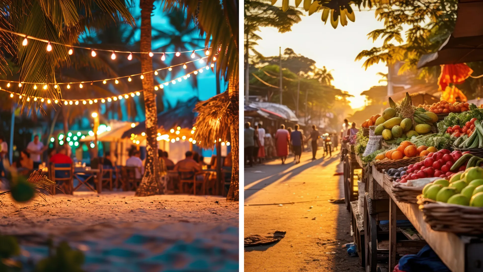 Karibikfeeling pur – links eine stimmungsvoll beleuchtete Beach Bar am Abend, rechts ein karibischer Markt mit frischen tropischen Früchten.