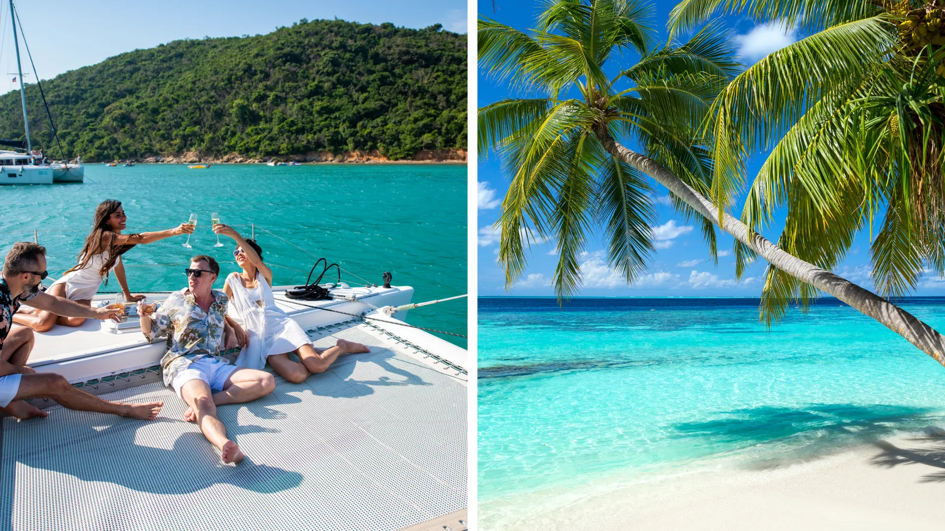 Karibik Segeln mit Katamaran – Entspannen Sie auf dem Trampolin des Bootes und genießen Sie den Blick auf weiße Traumstrände und türkisblaues Wasser. Der perfekte Segelurlaub!