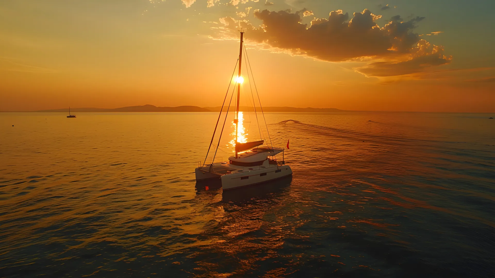 Ein Katamaran segelt durch die ruhige Karibik bei Sonnenuntergang, das Wasser spiegelt die warmen Farben des Himmels.