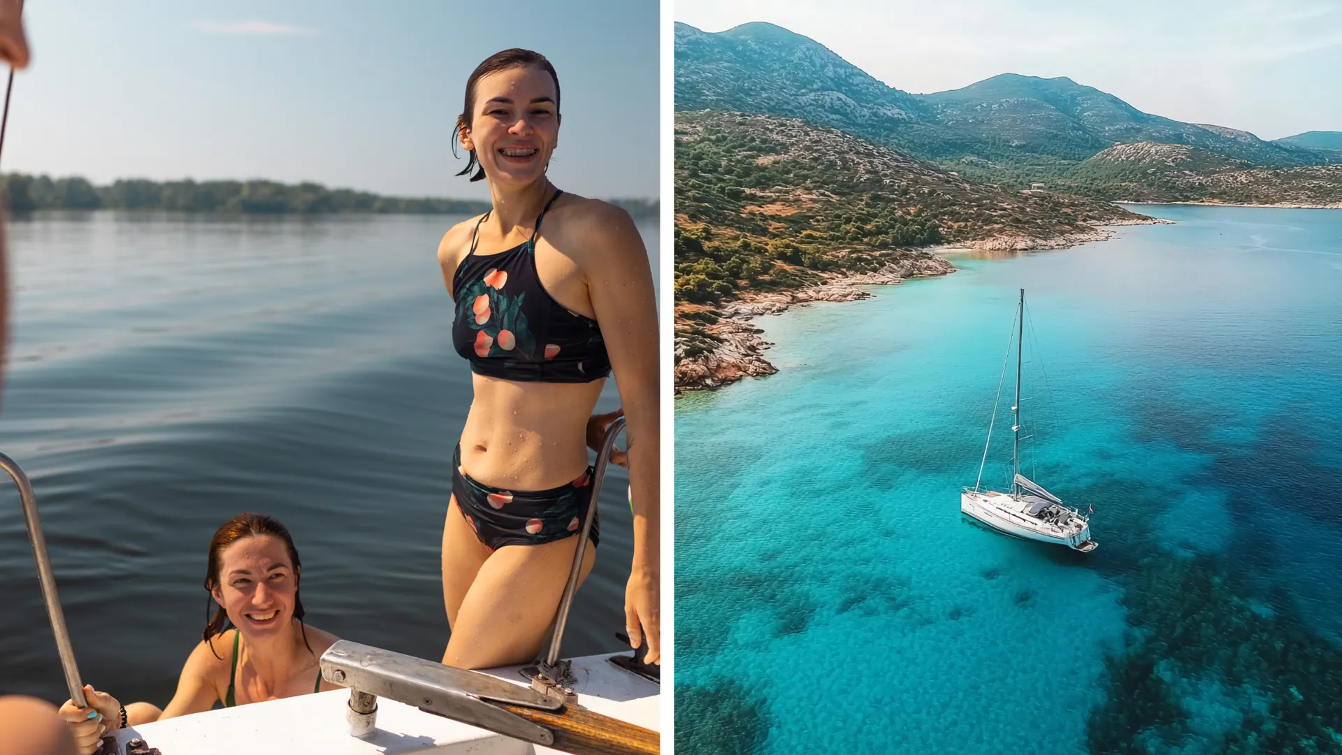 Links: Zwei Frauen genießen das Baden in einer traumhaften Bucht in Kroatien. Rechts: Ein Segelboot liegt vor Anker in einer idyllischen Badebucht – ein Highlight jeder Segelreise und jedes Mitsegeltörns in Kroatien.