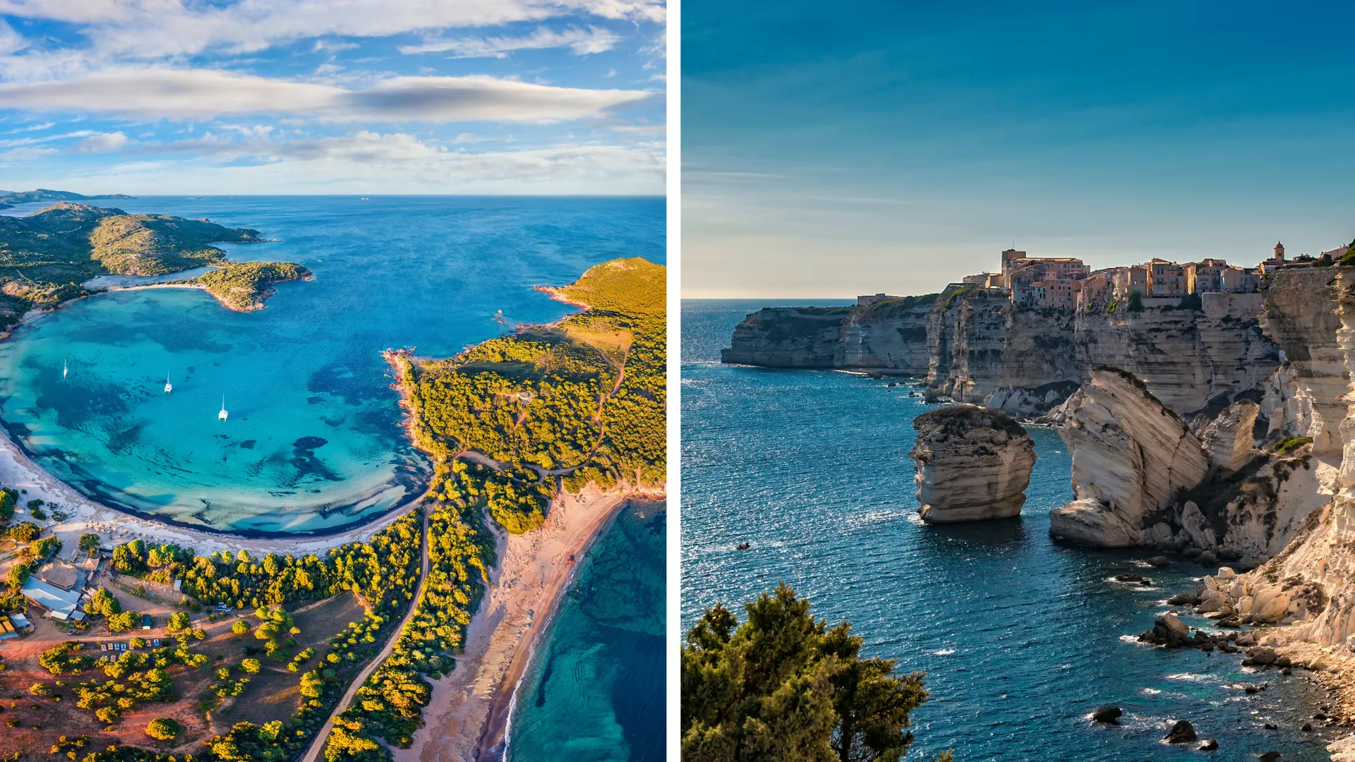Links: Traumhafte Badebucht auf Sardinien mit kristallklarem Wasser. Rechts: Die beeindruckende Küstenlandschaft Korsikas – zwei der schönsten Segelreviere für Singles 40+.