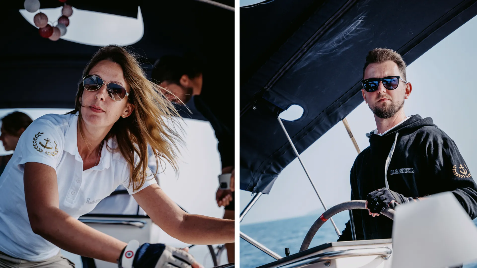 Laura beim Bedienen der Segel und Leinen, Daniel konzentriert am Steuer der Segelyacht – Ihr erfahrenes Skipperteam auf Ihrer Segelreise in Kroatien.