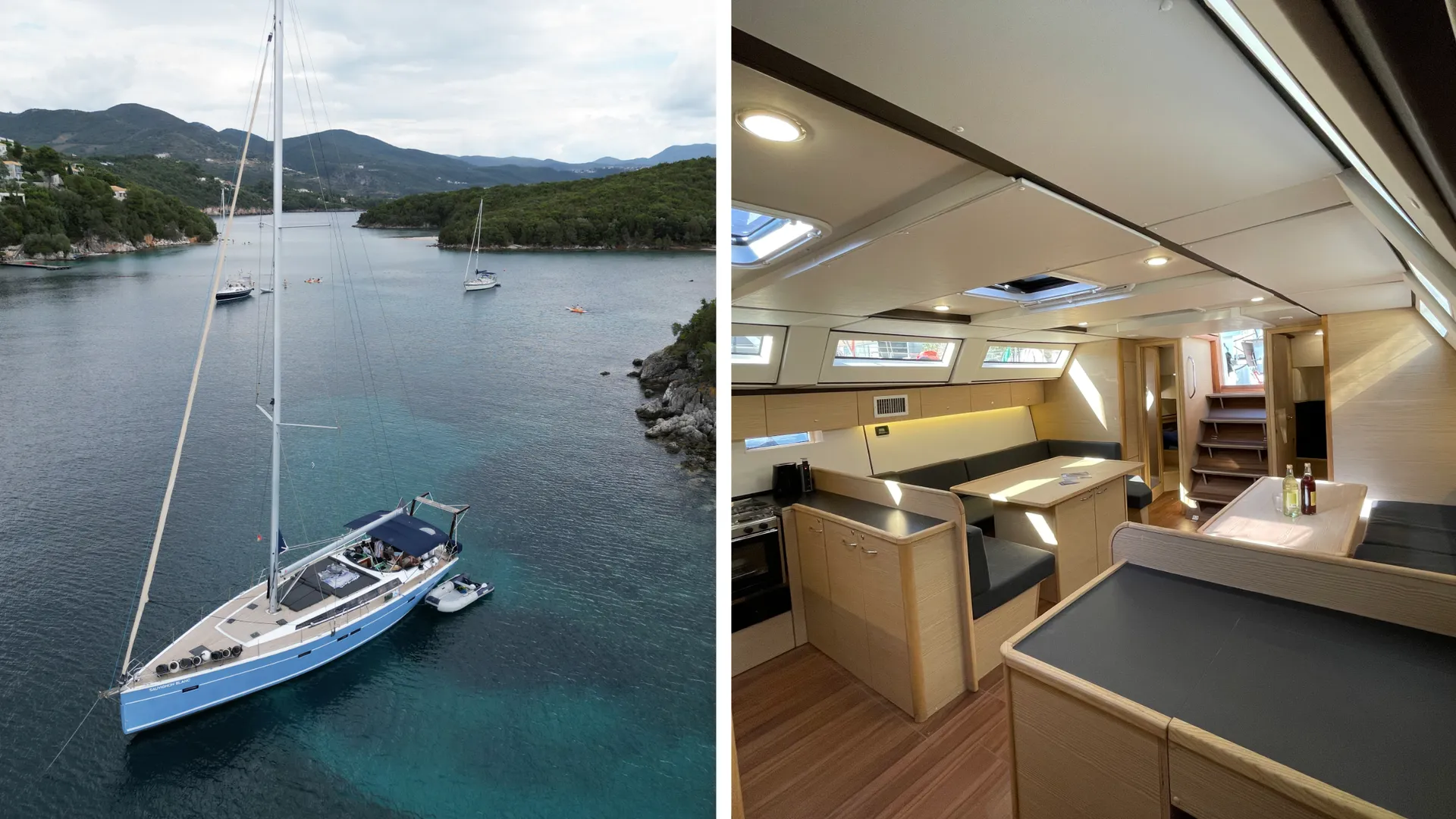 Sauvignon Blanc, unsere 54-Fuß-Segelyacht, vor Anker in einer Bucht in Kroatien – daneben der elegante Salon der Yacht – ideal für einen komfortablen Mitsegeltörn Kroatien.