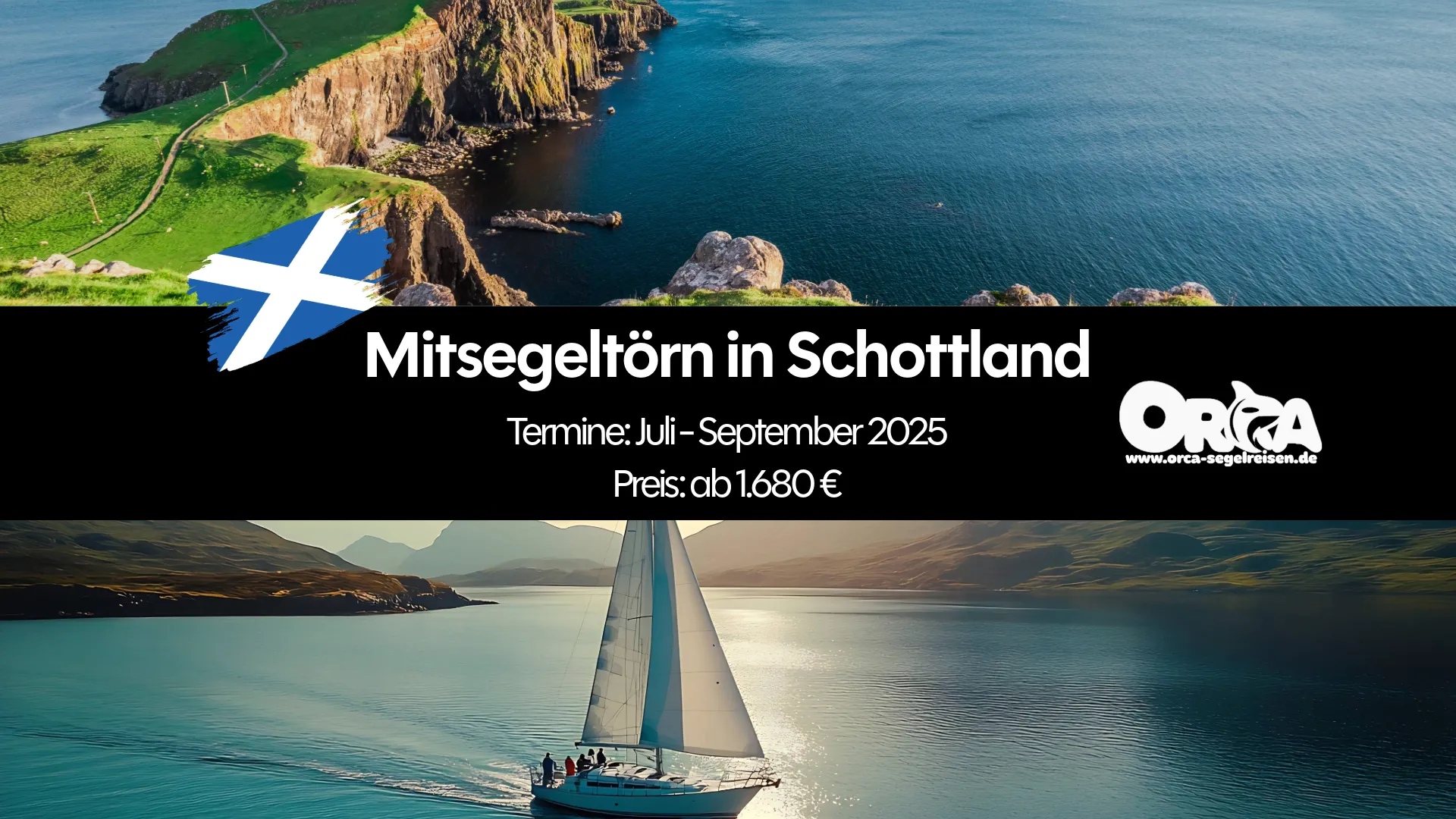 Segelboot auf ruhigen Gewässern in Schottland mit Blick auf die wilde Natur – Mitsegeln Schottland erleben