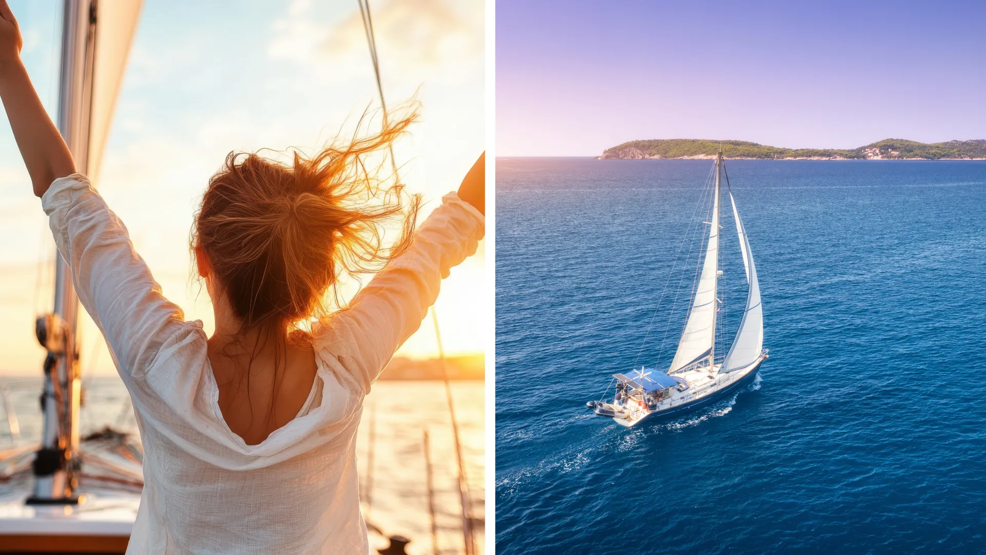 Links: Eine Frau genießt die Sonnenstrahlen an Deck eines Segelboots. Rechts: Ein Segelboot unter vollen Segeln auf den türkisblauen Gewässern Kroatiens – perfektes Erlebnis für eine Segelreise oder einen Mitsegeltörn.