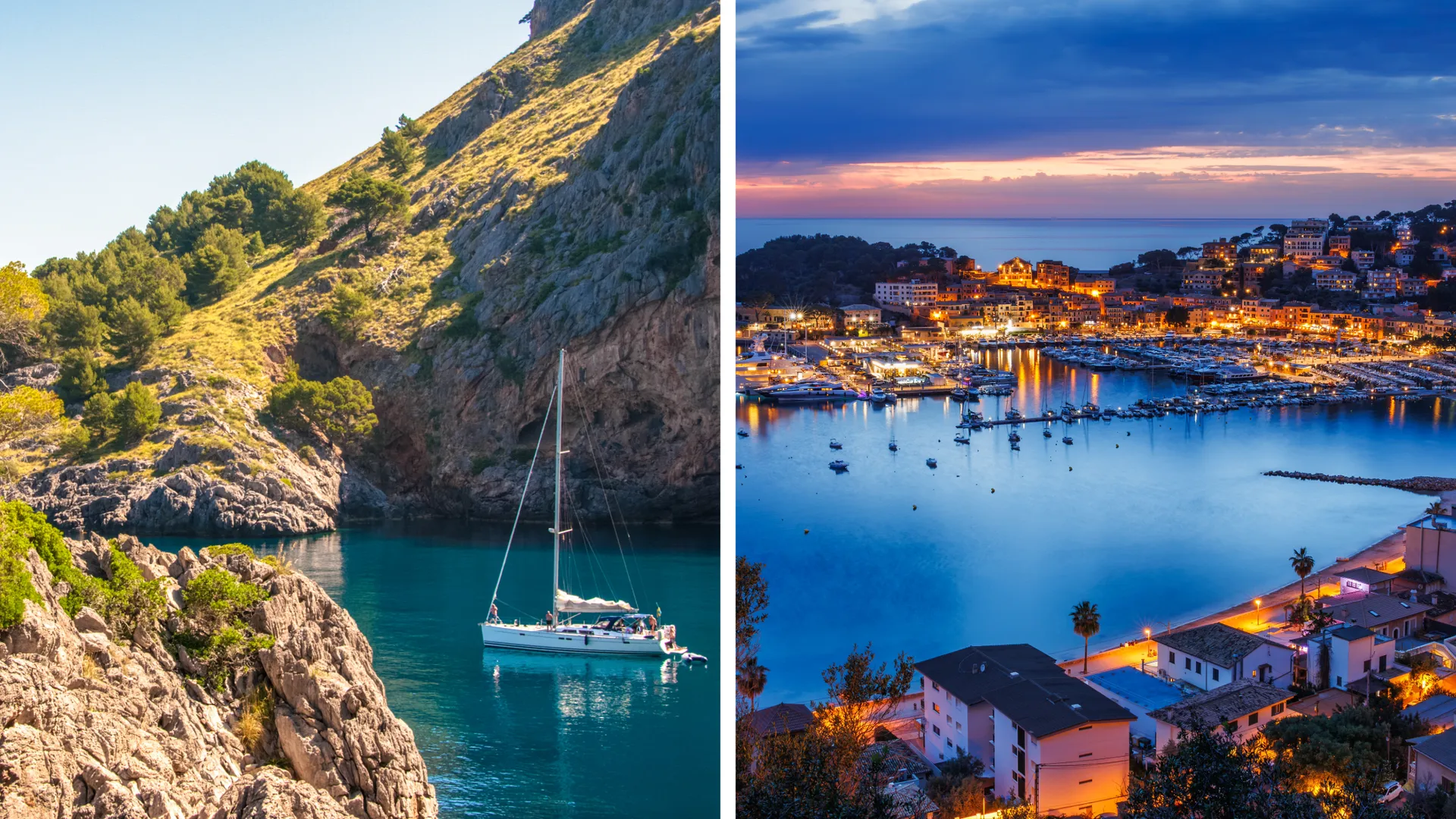 Links ein Segelboot in einer einsamen Badebucht mit kristallklarem Wasser – ein traumhaftes Ziel für Mitsegeln auf Mallorca. Rechts Palma de Mallorca bei Nacht, erleuchtet von wunderschönen Lichtern – das perfekte Finale eines unvergesslichen Segeltörn Mallorca.