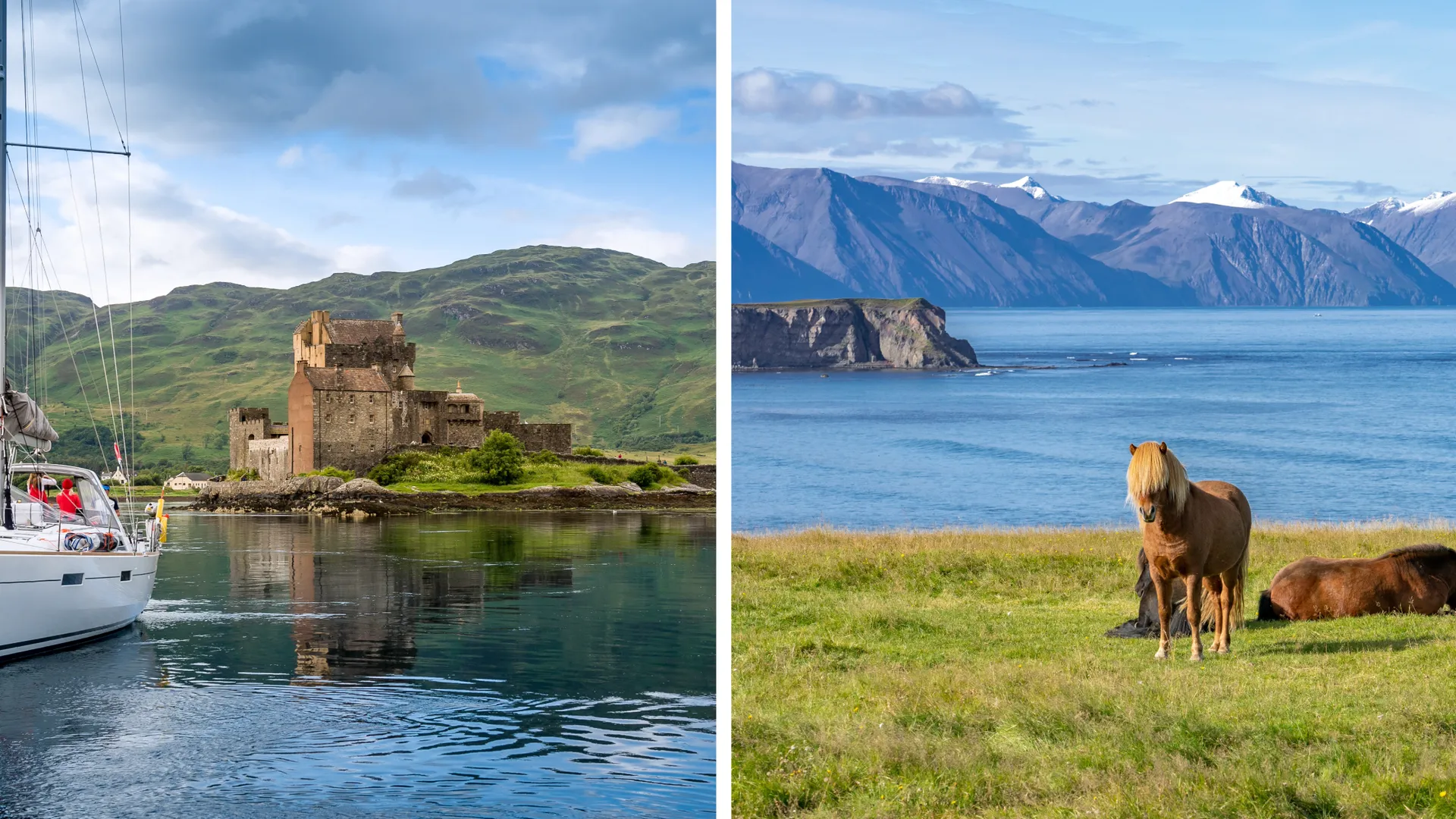 Links ein Segelboot im Wasser mit der historischen Architektur Schottlands im Hintergrund, rechts wilde Pferde auf den Shetland-Inseln mit Blick auf das weite Meer.