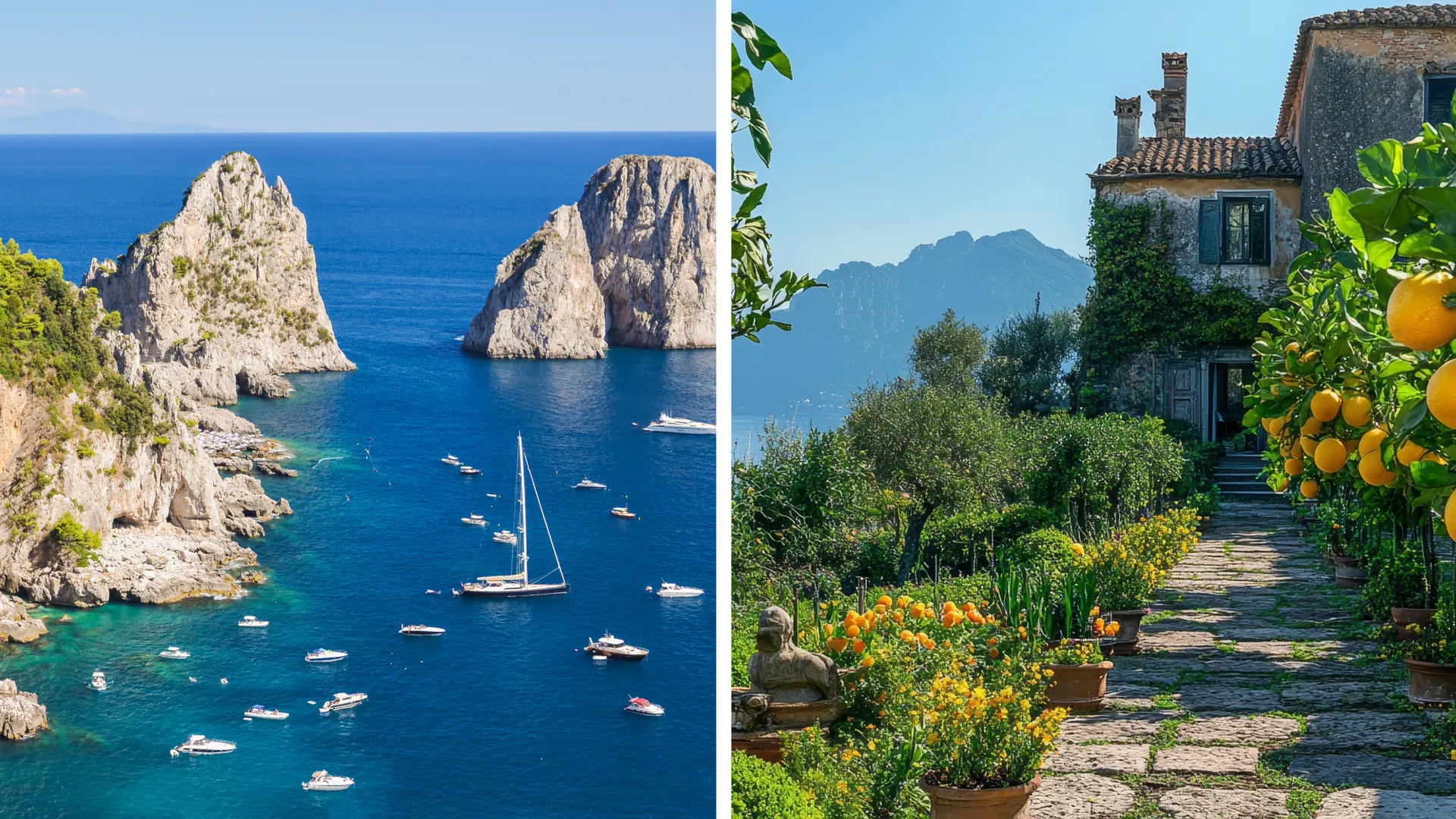 Segelboot vor Anker an der Amalfiküste mit Blick auf Capri und einen Zitronenhain – mediterranes Segelabenteuer in Italien