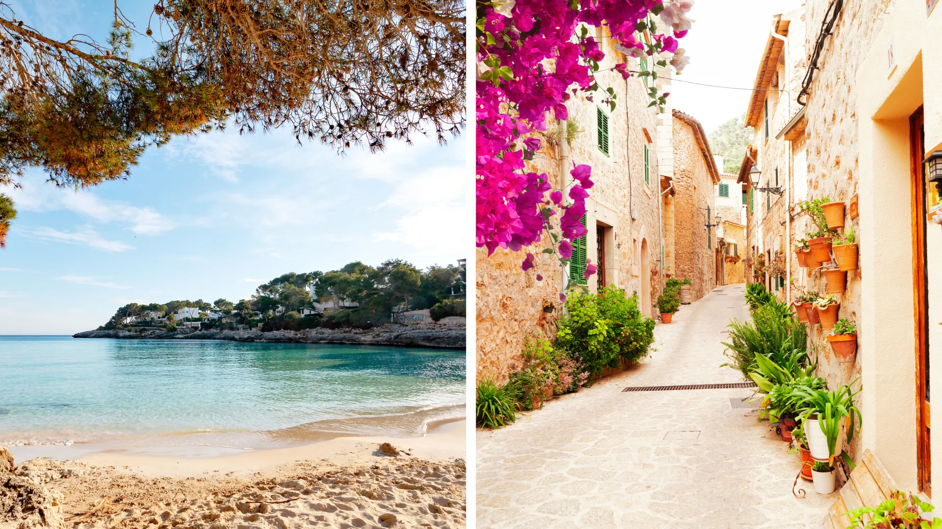 Links eine idyllische Ankerbucht auf Mallorca mit türkisblauem Wasser, rechts eine malerische Altstadtgasse mit blühenden Blumen – die perfekte Kombination aus Natur und Kultur.