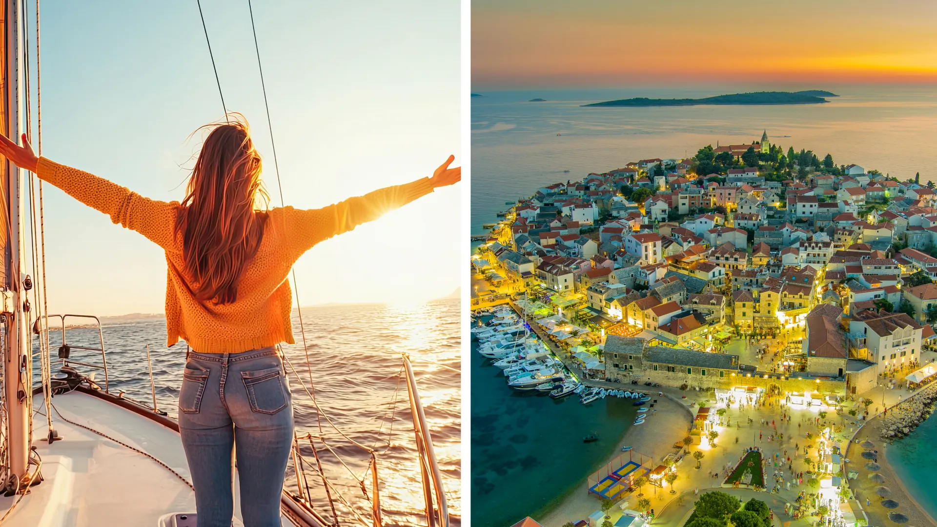 Frau genießt die Sonne an Deck eines Segelbootes mit Blick auf Primošten bei Sonnenuntergang – unvergesslicher Segeltörn für Frauen in Kroatien.