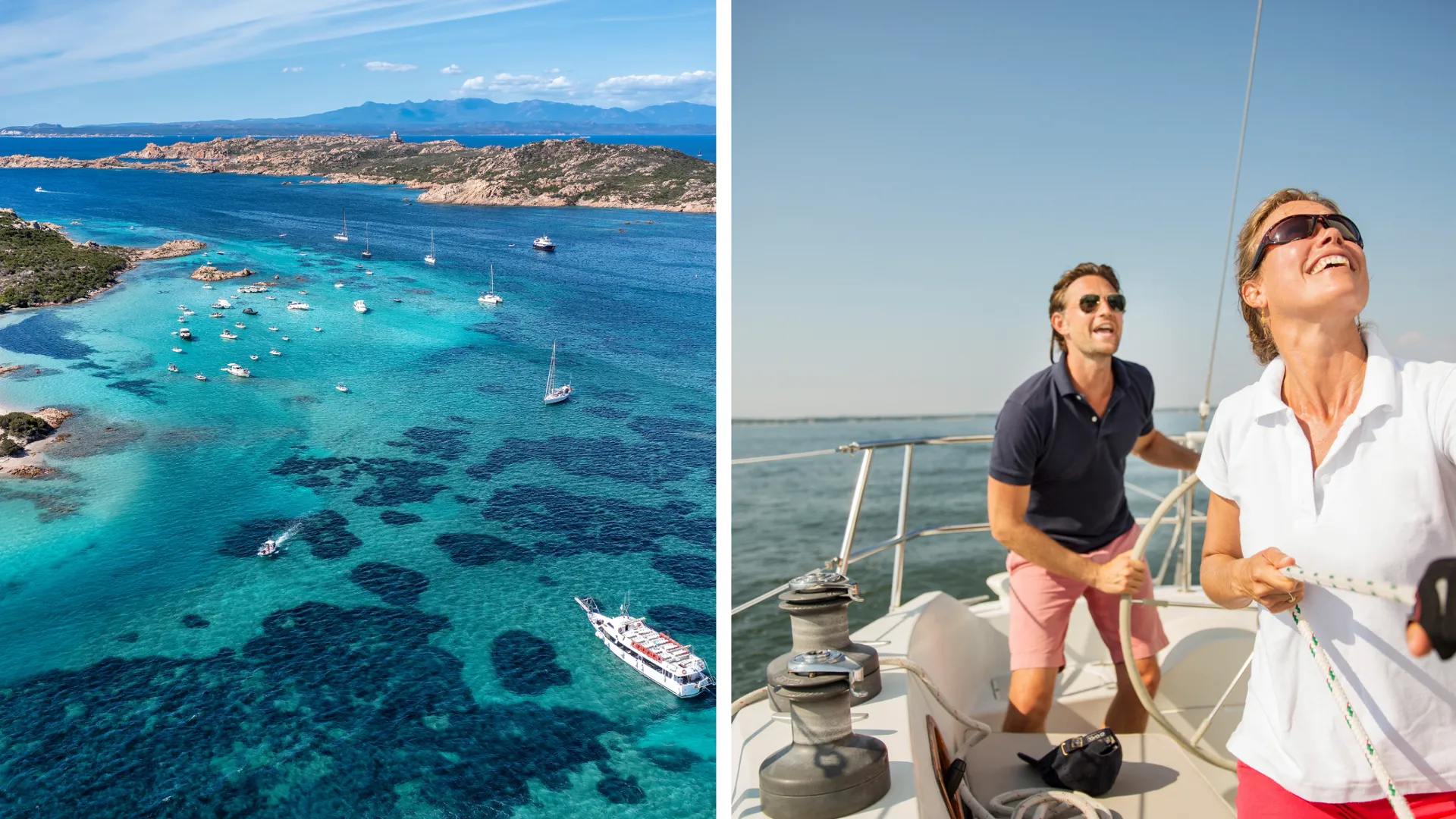 Links: Traumhafte Bucht auf Sardinien mit kristallklarem Wasser. Rechts: Zwei Singles (Mann und Frau) aktiv beim Segeln während eines Single-Segeltörns in Sardinien und Korsika.