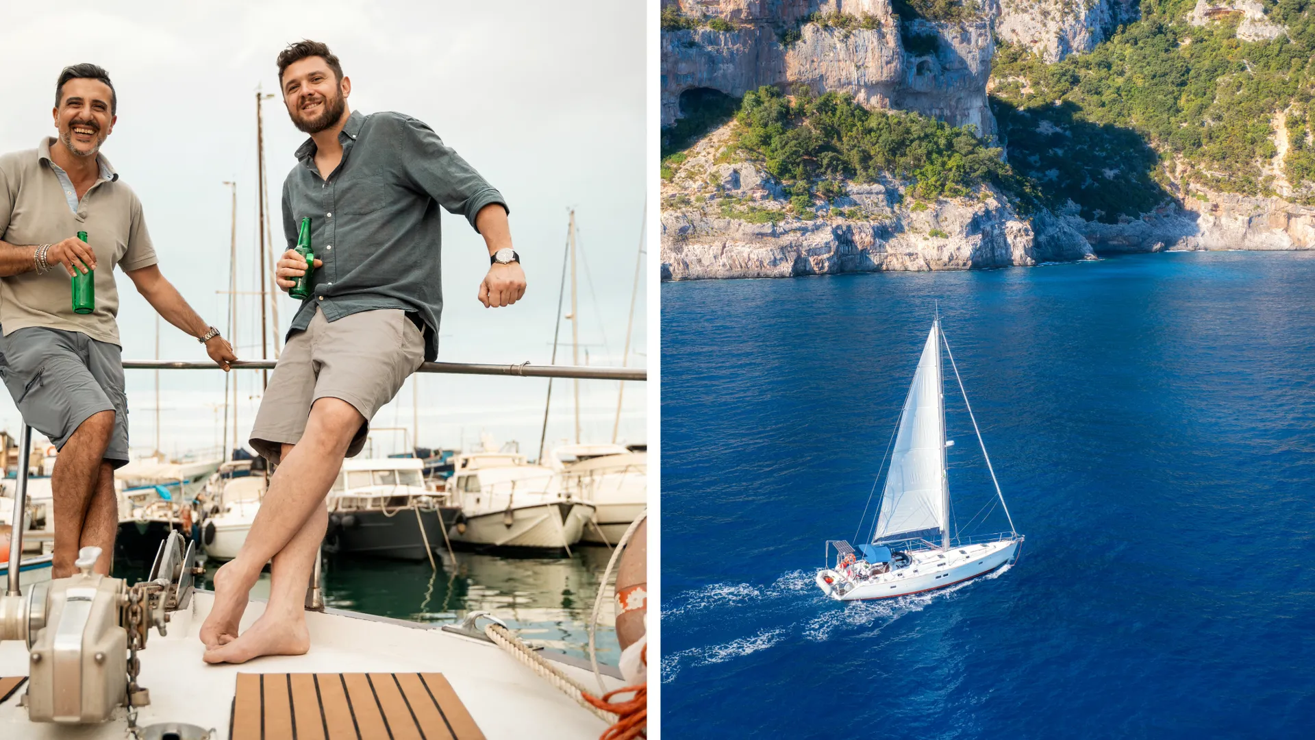 Links: Ankerbier nach einem erfolgreichen Segeltag, bevor es zum Landgang in ein Restaurant geht. Rechts: Segeln durch das traumhafte Segelrevier Sardiniens – perfekte Bedingungen für einen Single-Segeltörn 40+.