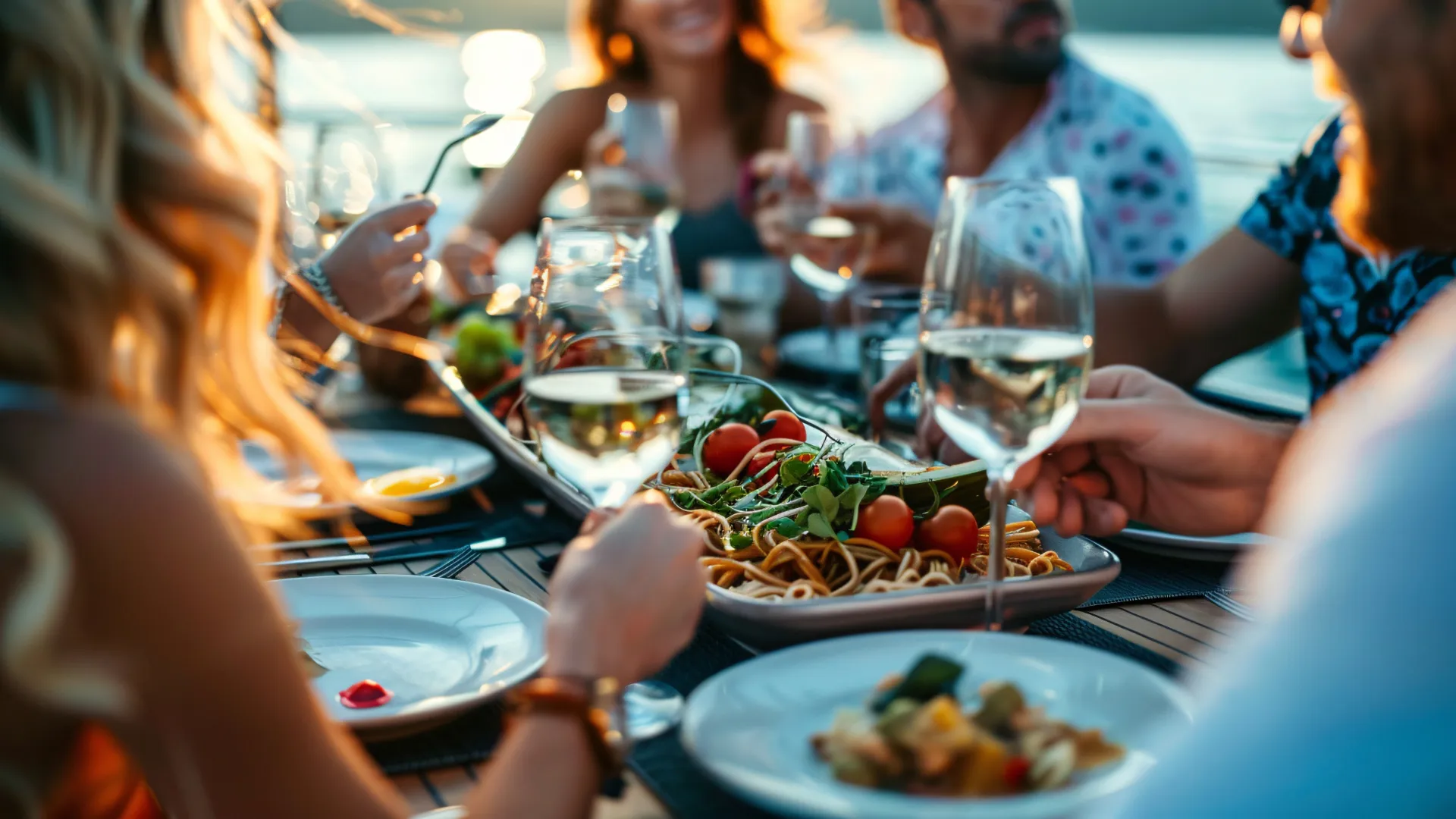 Gesellige Runde beim Abendessen nach einem erfolgreichen Segeltag – Segeln für Singles 40+ in Sardinien und Korsika mit gemeinschaftlichen Erlebnissen an Bord.