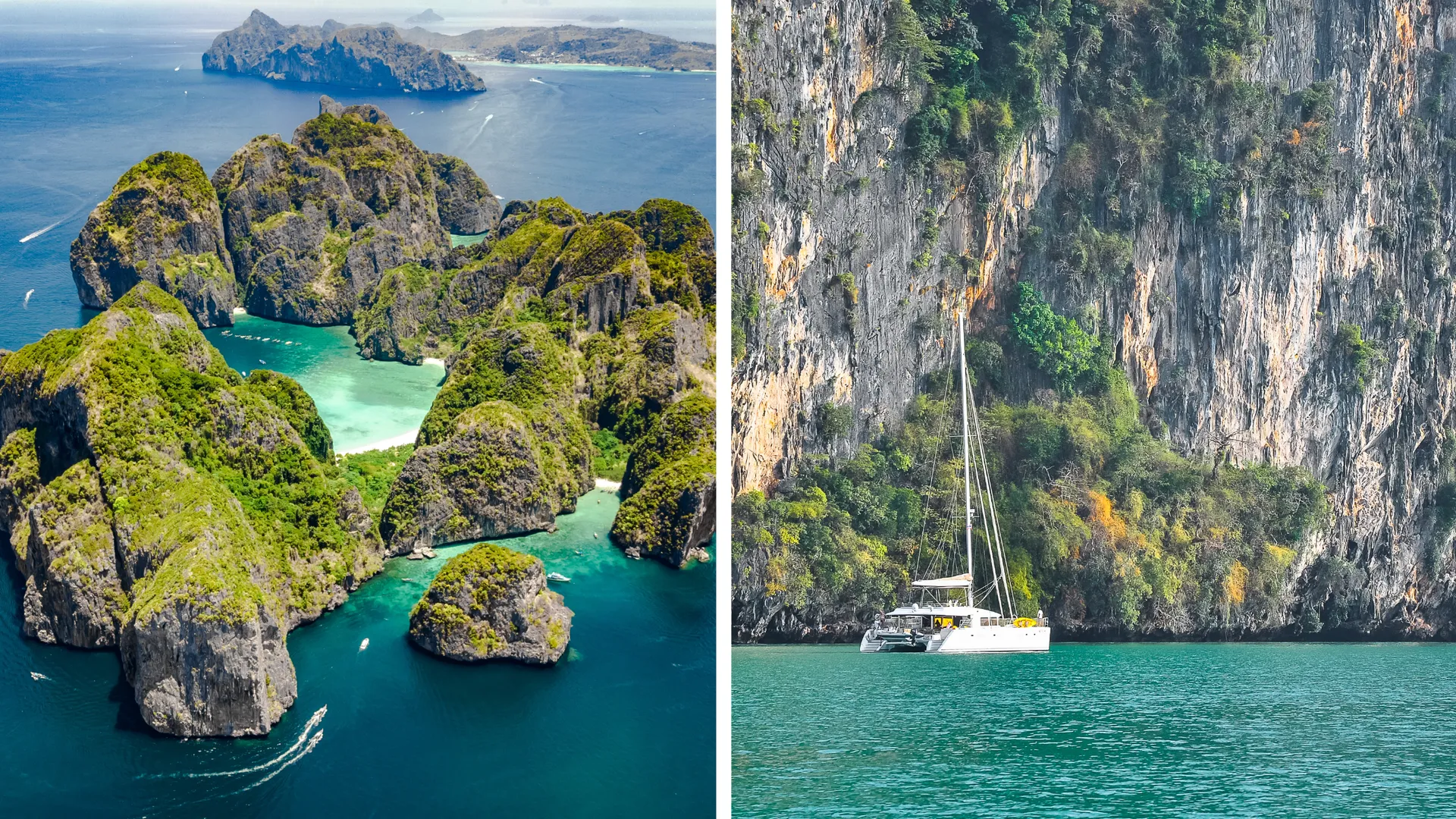 Traumhafte Segelregion in Thailand mit einem Katamaran vor der Küste, umgeben von türkisfarbenem Wasser und beeindruckender Natur.