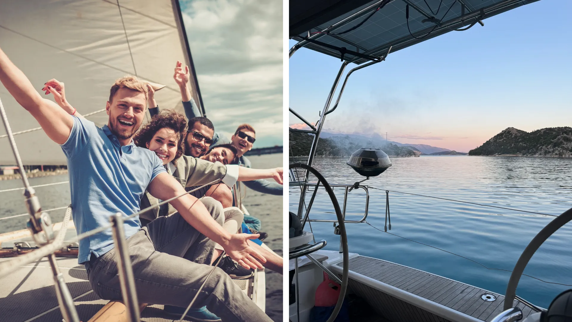 Links eine Segelcrew, die gemeinsam an Deck aktiv segelt – echtes Teamgefühl beim Mitsegeln auf Mallorca. Rechts genießt die Crew einen entspannten Grillabend nach einem erfolgreichen Segeltörn Mallorca, umgeben von mediterraner Atmosphäre.