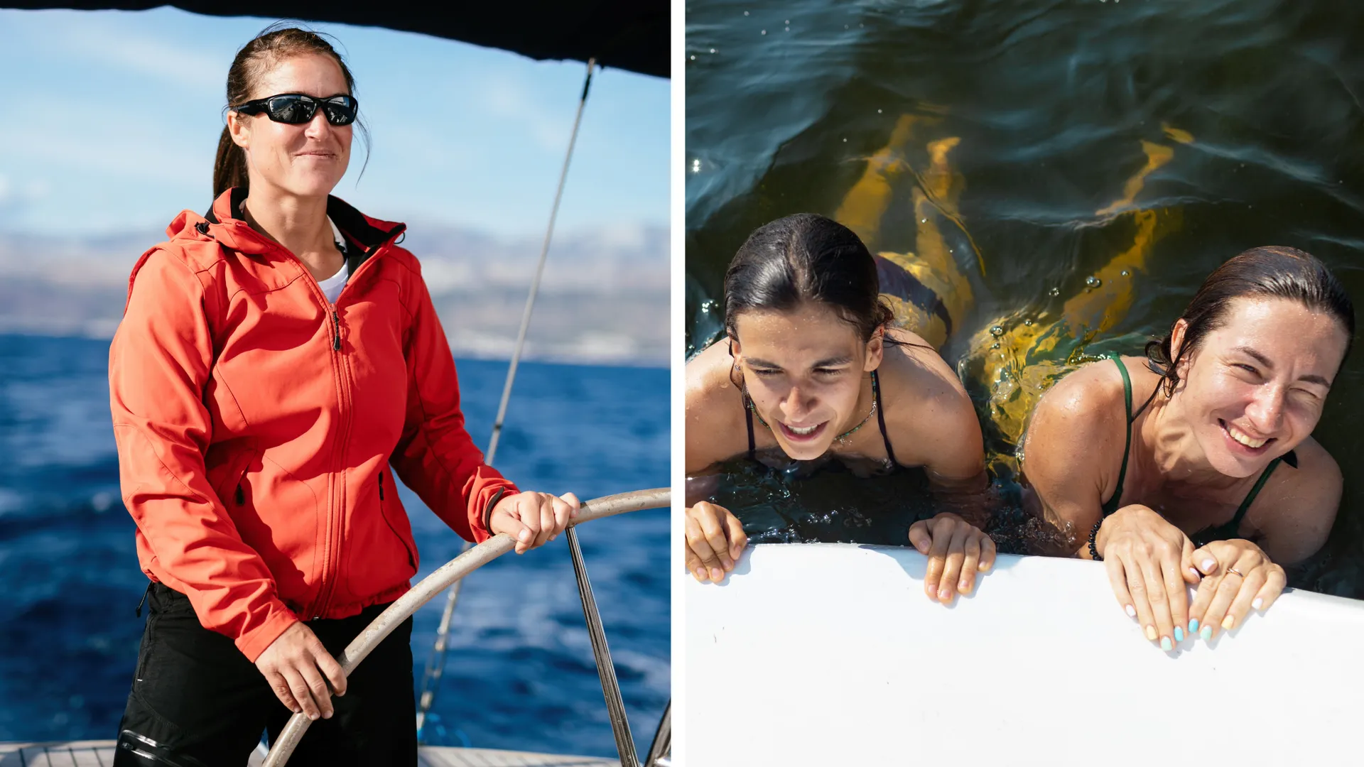 Frau steuert ein Segelboot, während zwei Frauen in einer idyllischen Ankerbucht in Kroatien baden – Segeltörn für Frauen voller Freiheit und Abenteuer.