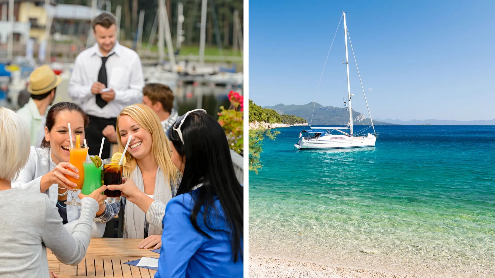 Frauen genießen ein gemeinsames Dinner und Cocktails in einem Marina-Restaurant, um auf eine unvergessliche Segelwoche anzustoßen – rechts ein Segelboot vor Anker in einer traumhaften Bucht in Kroatien.