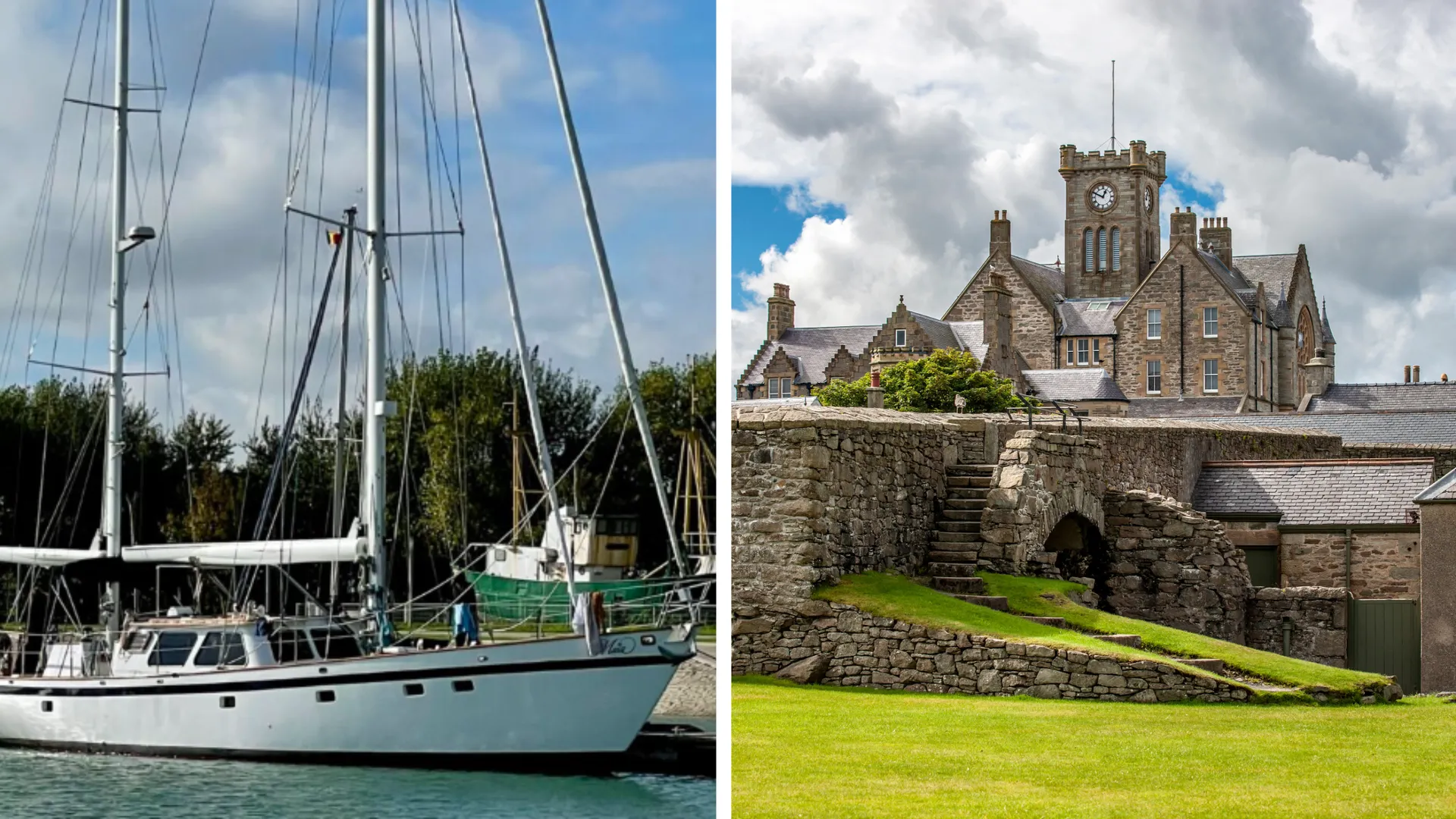 Links die Segelyacht Maia für den Mitsegeltörn in Schottland, rechts die einzigartige Architektur von Lerwick, Schottland.