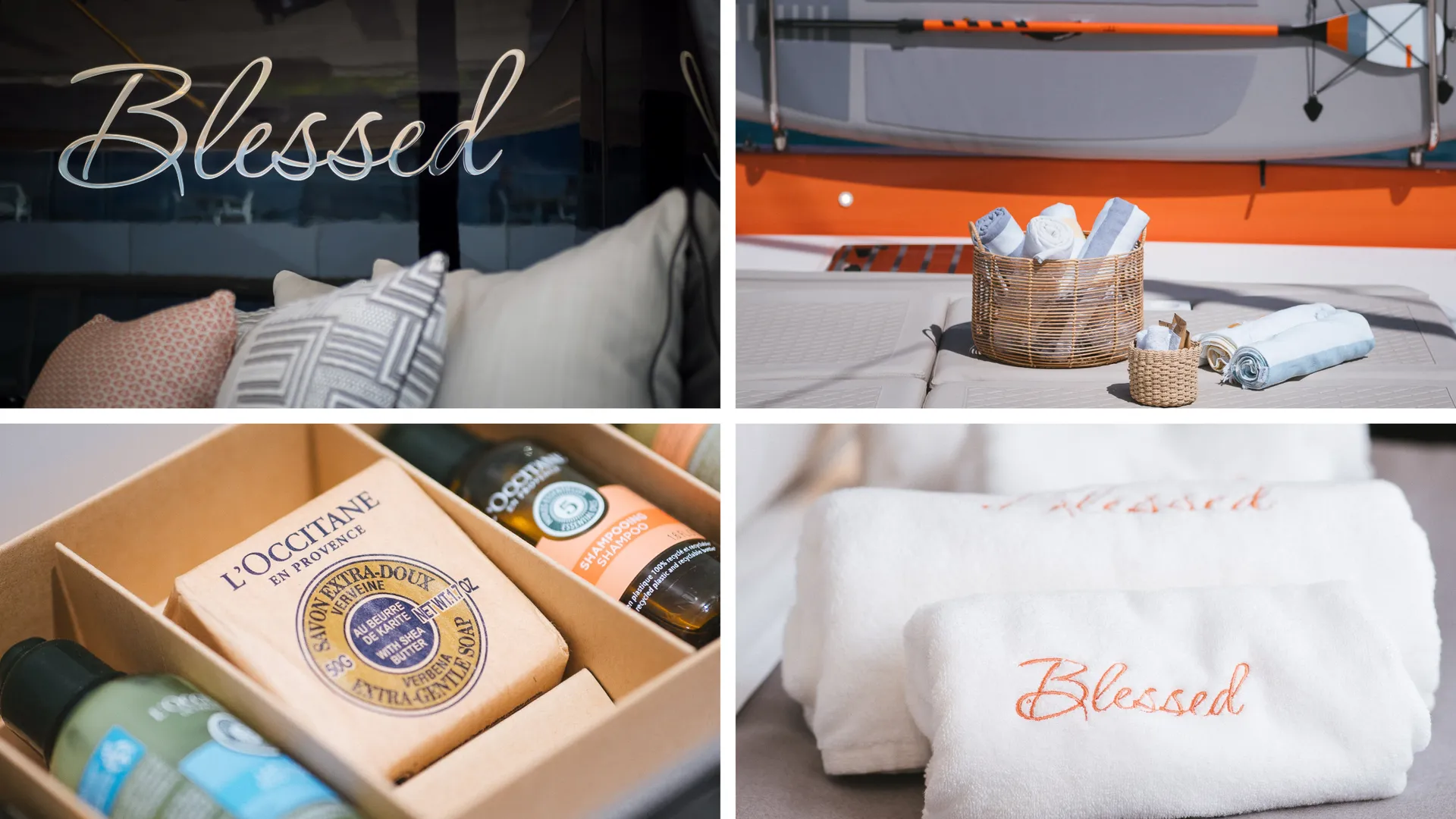 Luxus-Katamaran „Blessed“ mit hochwertigen Details wie personalisierten Handtüchern, L’Occitane-Pflegeprodukten und stilvollem Ambiente für exklusive Yachtcharter-Erlebnisse.